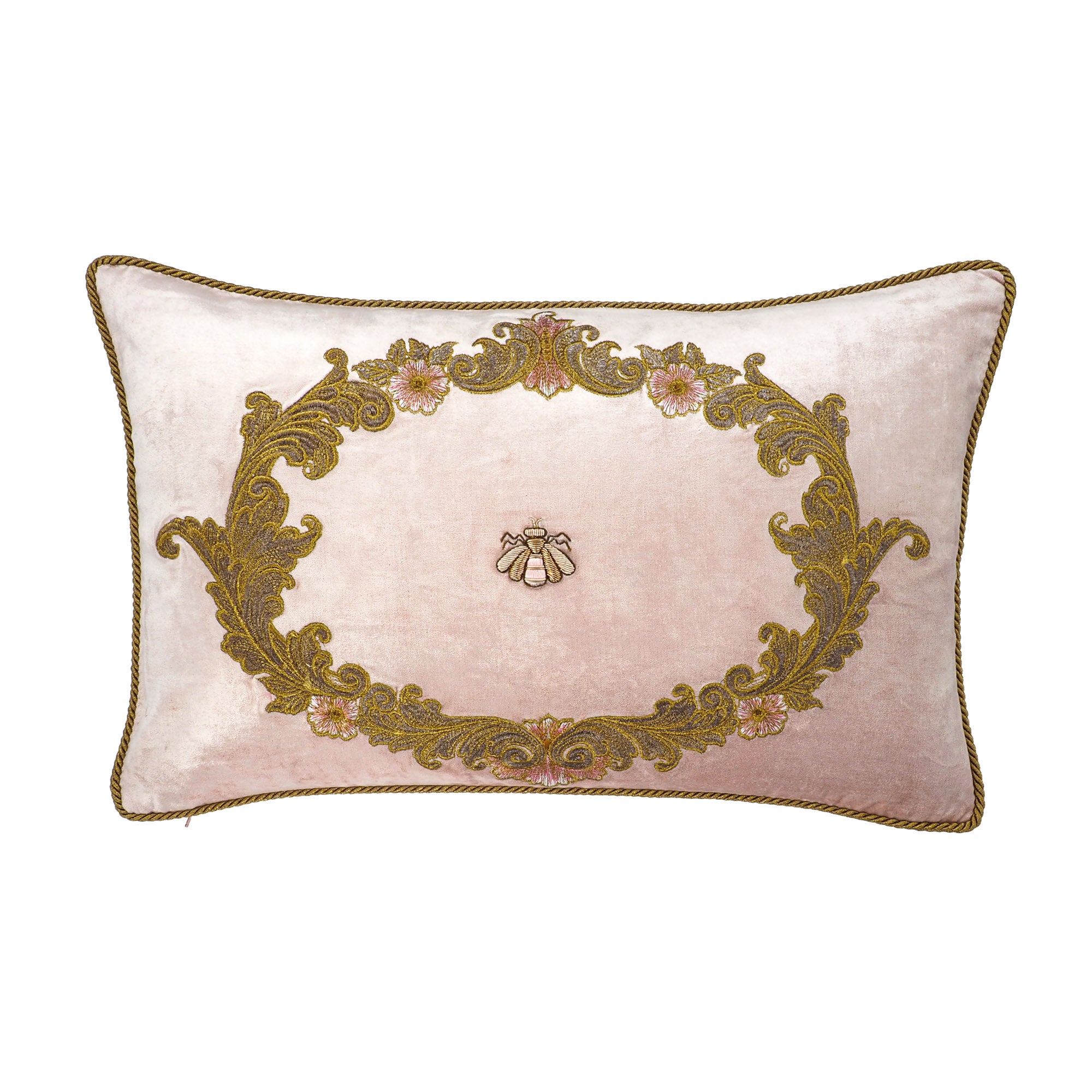 rose pink color silk velvet bumble bee embroidered lumbar pillow cover with gold baroque wreath design 12x20