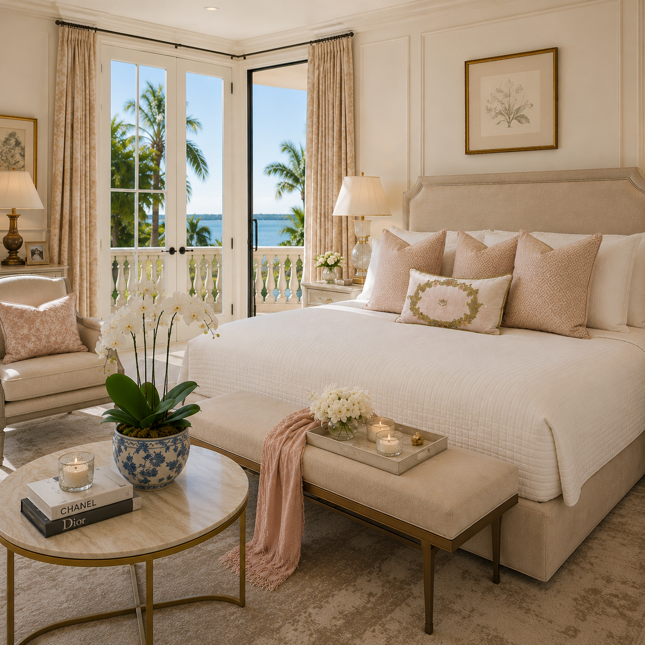 Bumble Bee embroidered lumbar pillow styled on a cream bed with blush accent pillows in an elegant coastal luxury bedroom overlooking palm trees and water views