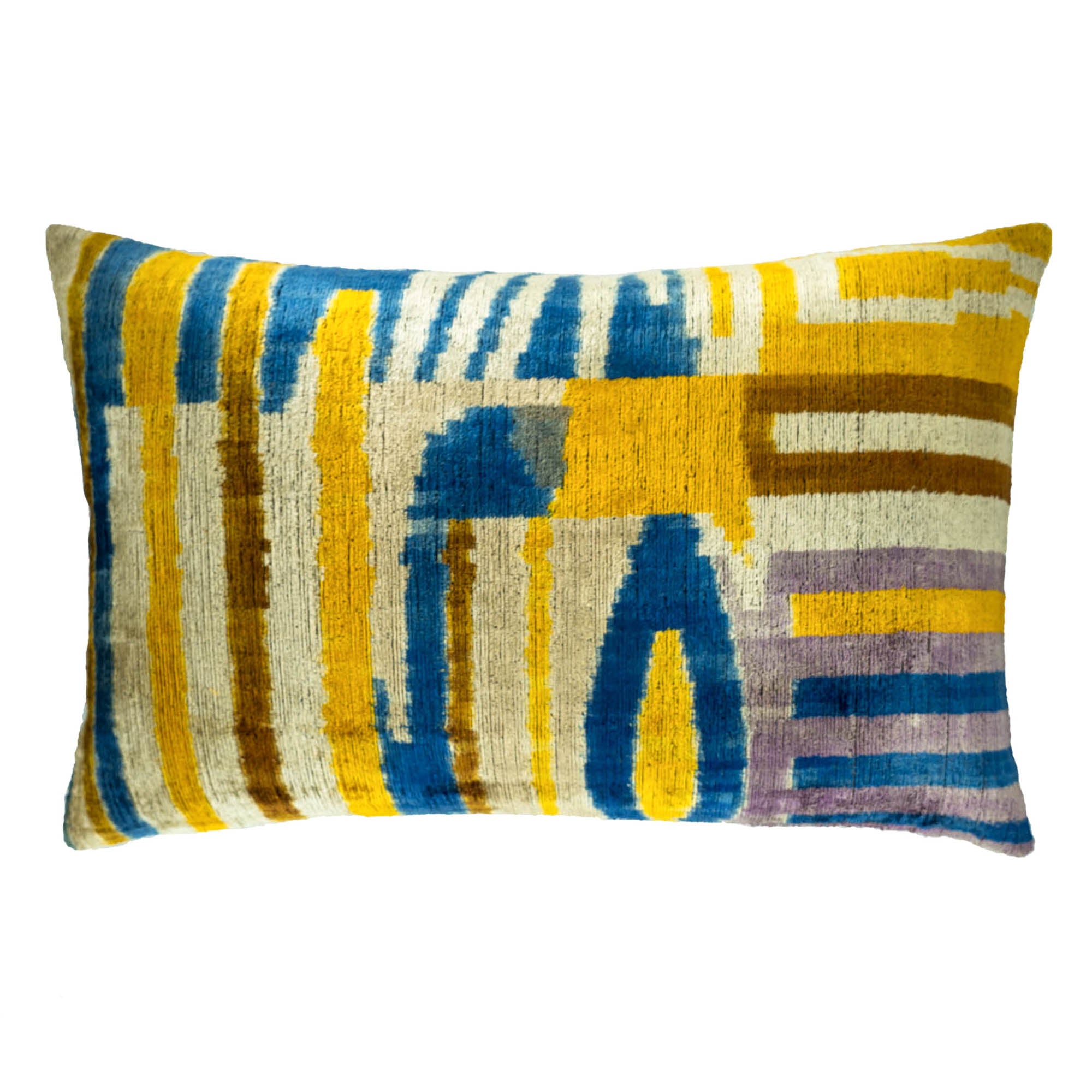 Catwalk Ikat throw pillow by Chouchou Touch, showcasing dynamic blue and yellow designs for a contemporary home accent.