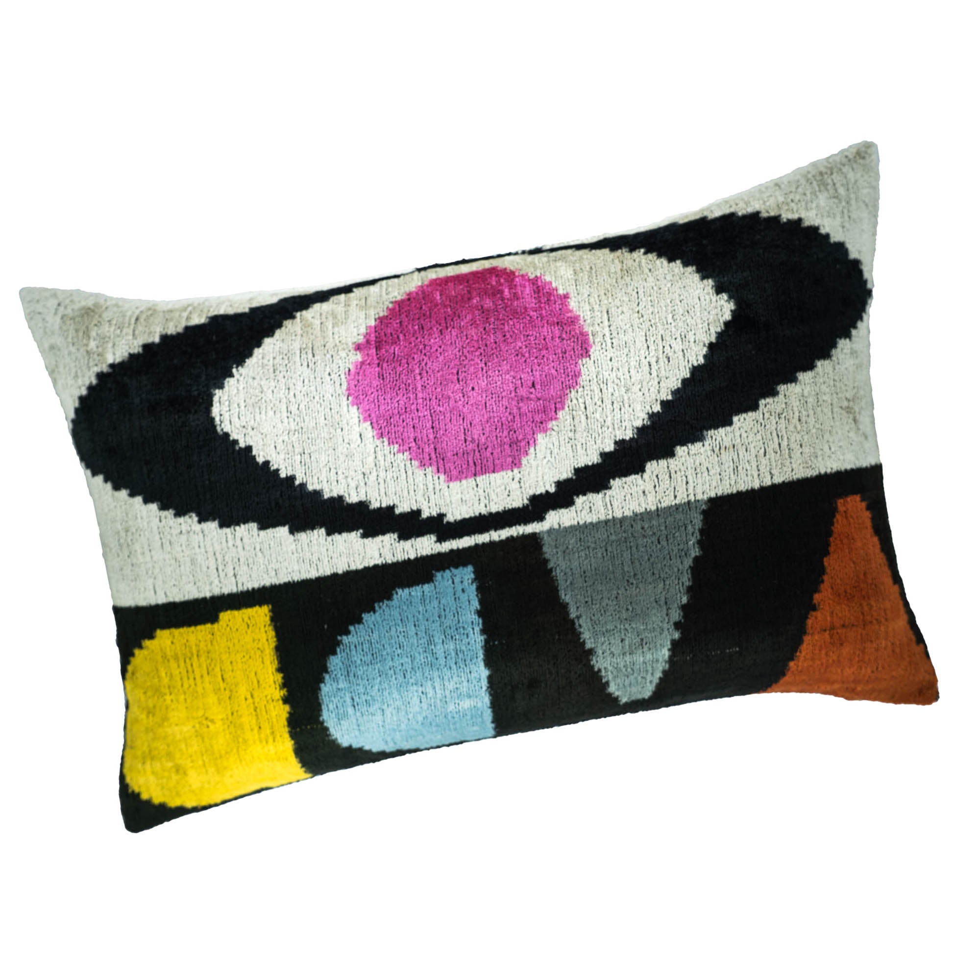 Chouchou Touch silk velvet pillow cover featuring the Eye of Ra design, a colorful and lustrous accent for interiors.