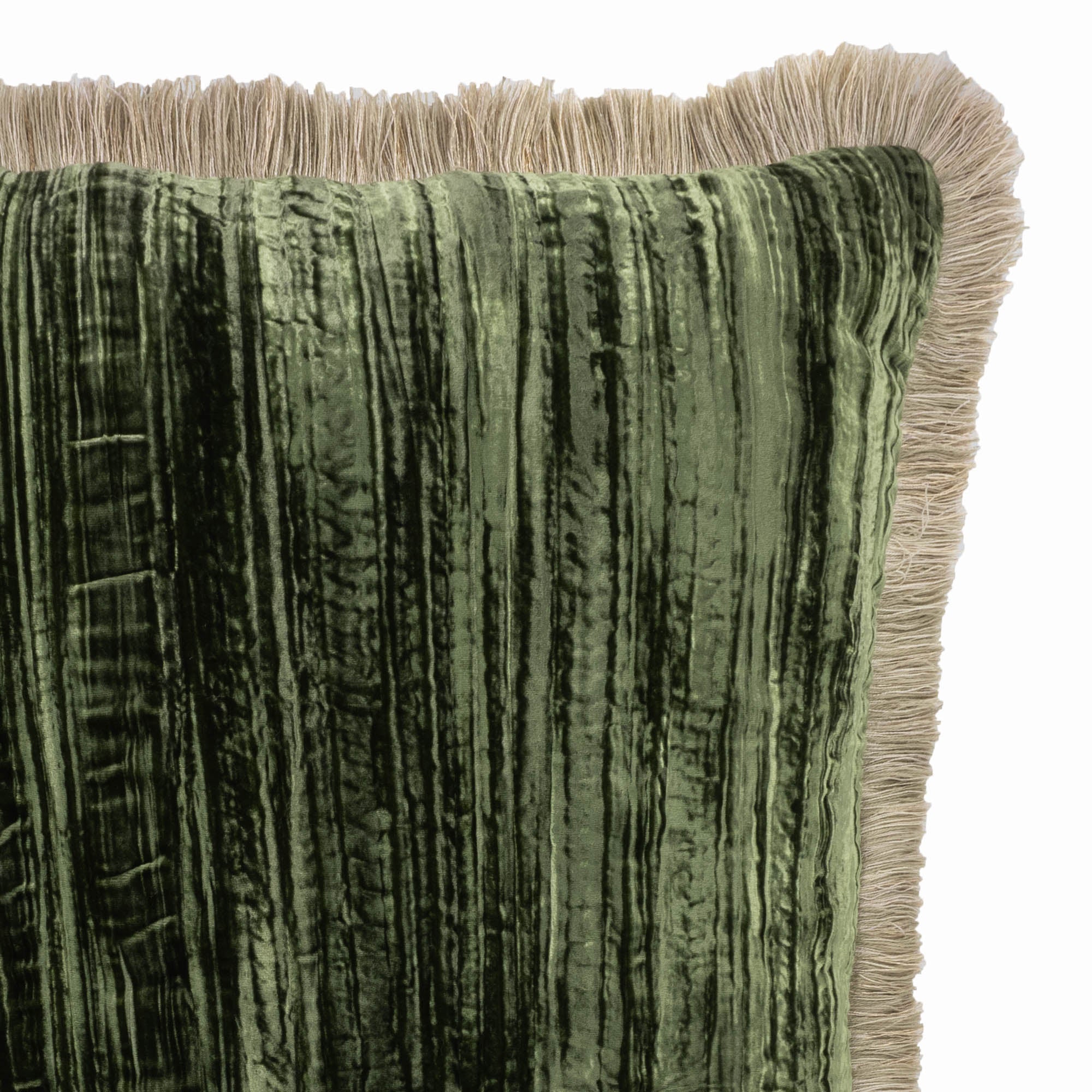 Green Silk Velvet Throw Pillow with Beige Fringes, 20 x 20, handcrafted for luxury, designed to elevate your living space with its soft velvet texture and elegant fringes.