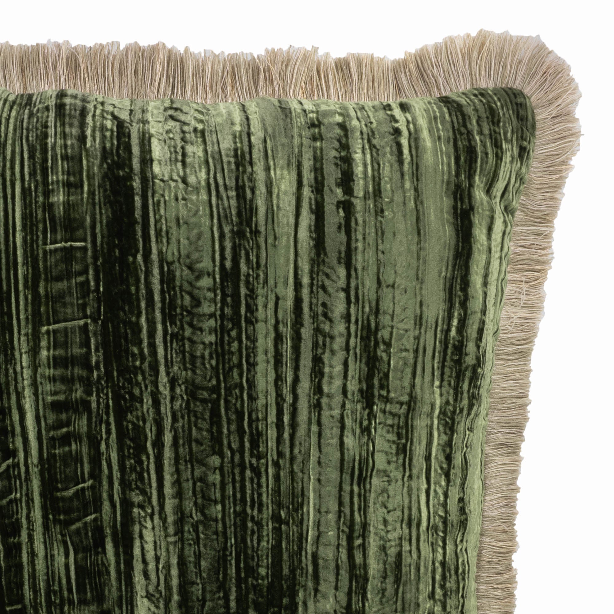 Chouchou Touch Green Silk Velvet Pillow, 20 x 20, double-sided with beige fringes, perfect for adding a pop of color and texture to your sofa or couch.