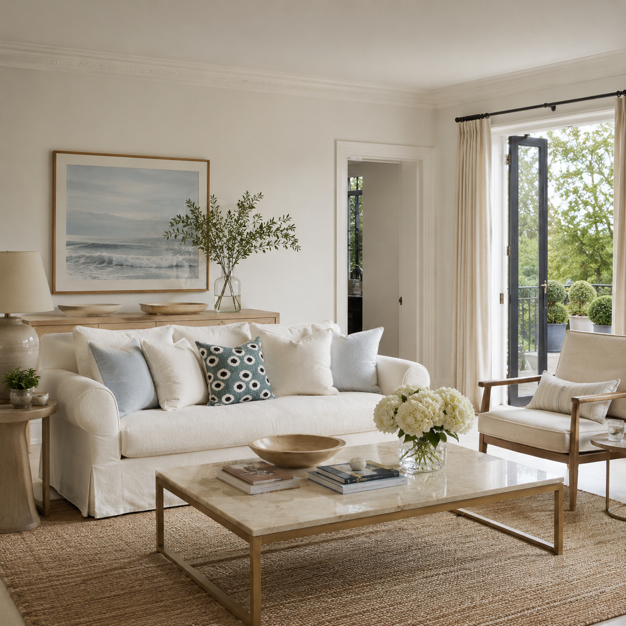 Luxury coastal living room styling featuring ChouChou Touch aqua green silk velvet ikat pillow with white orb pattern on a cream sofa, elegant editorial home decor interior with natural light and neutral tones.