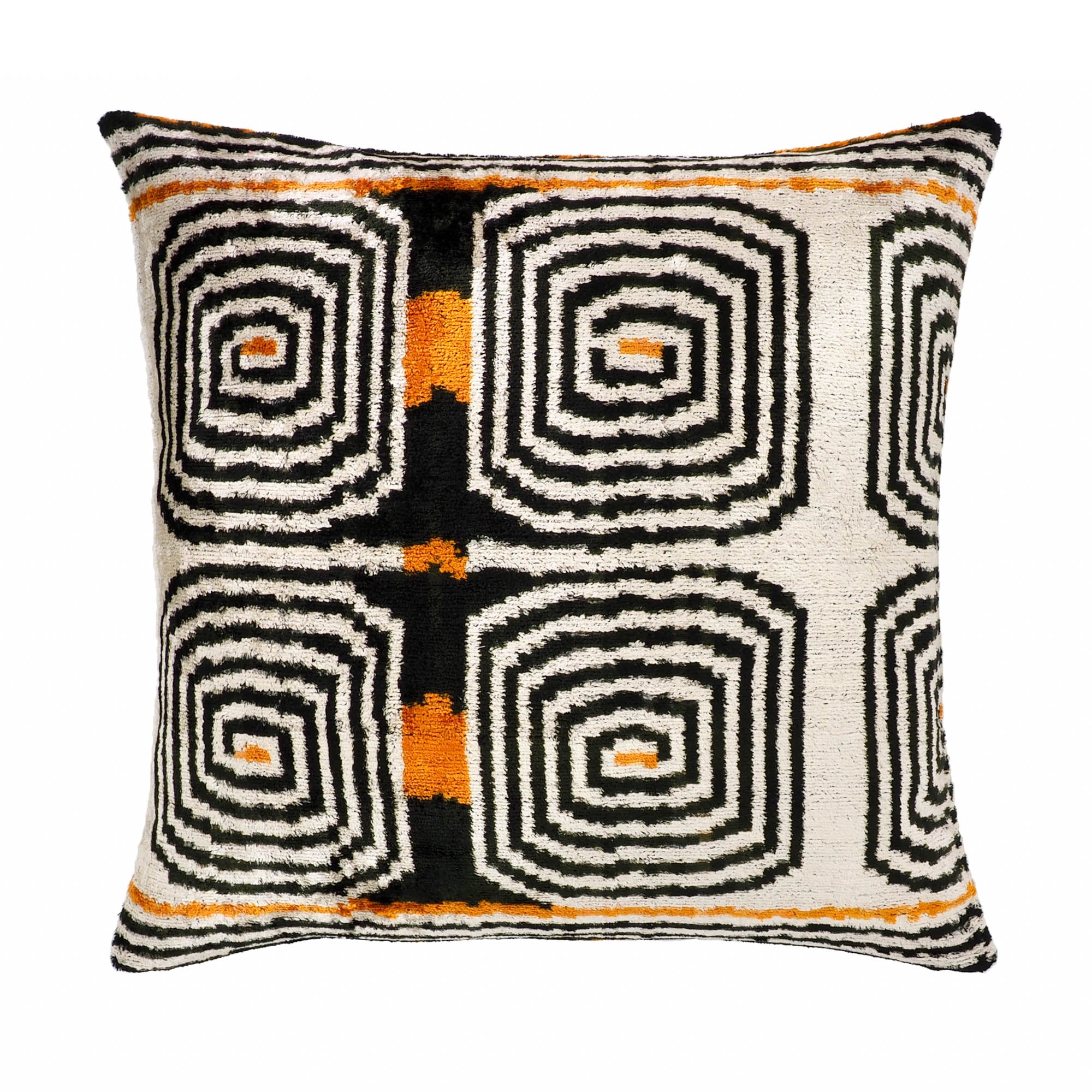Handwoven Labyrinth Ikat pillow cover in silk velvet, designed with vibrant patterns for timeless interior elegance.
