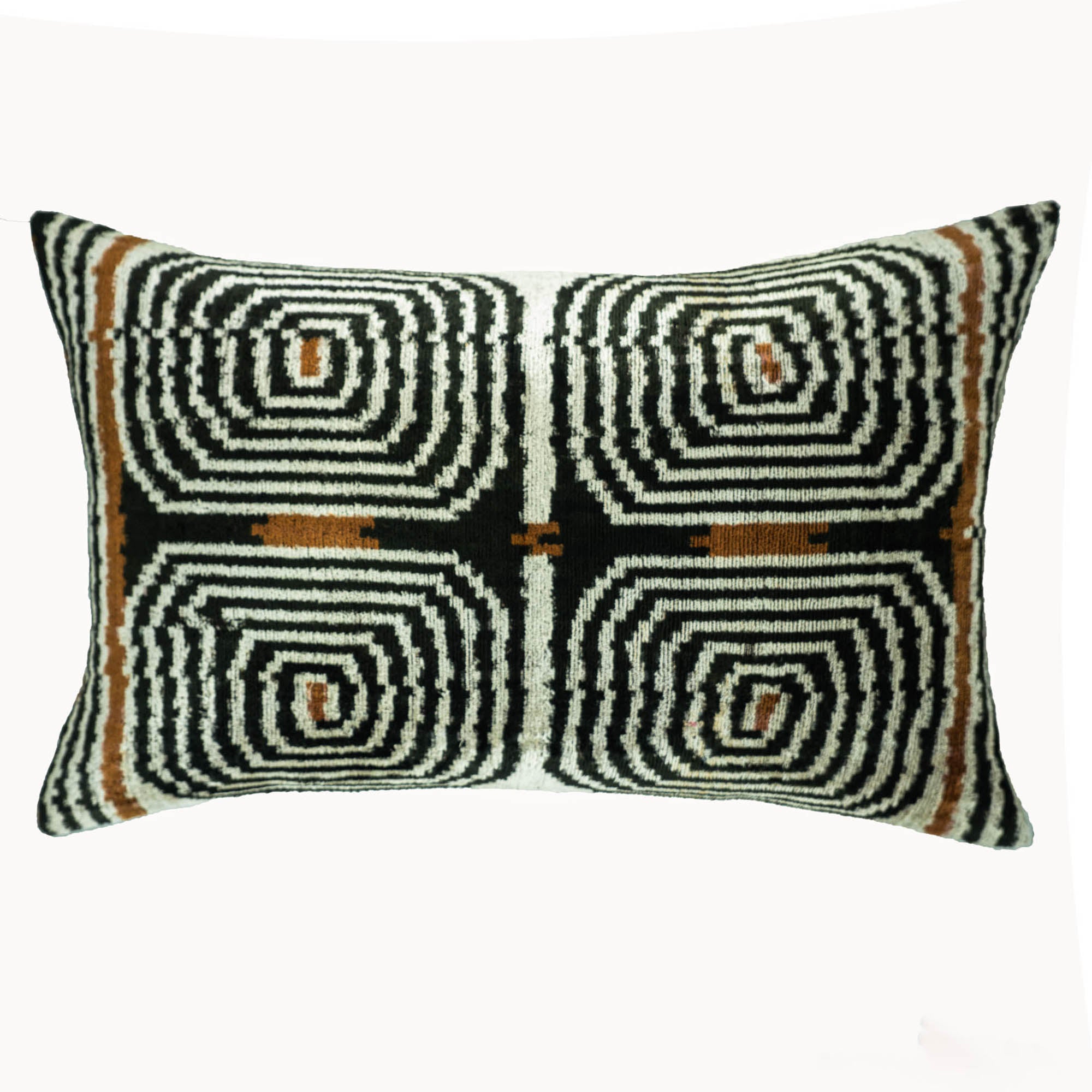 Handwoven silk velvet ikat lumbar pillow cover featuring a black, ivory and bronze geometric pattern, 16 x 24 decorative accent pillow .