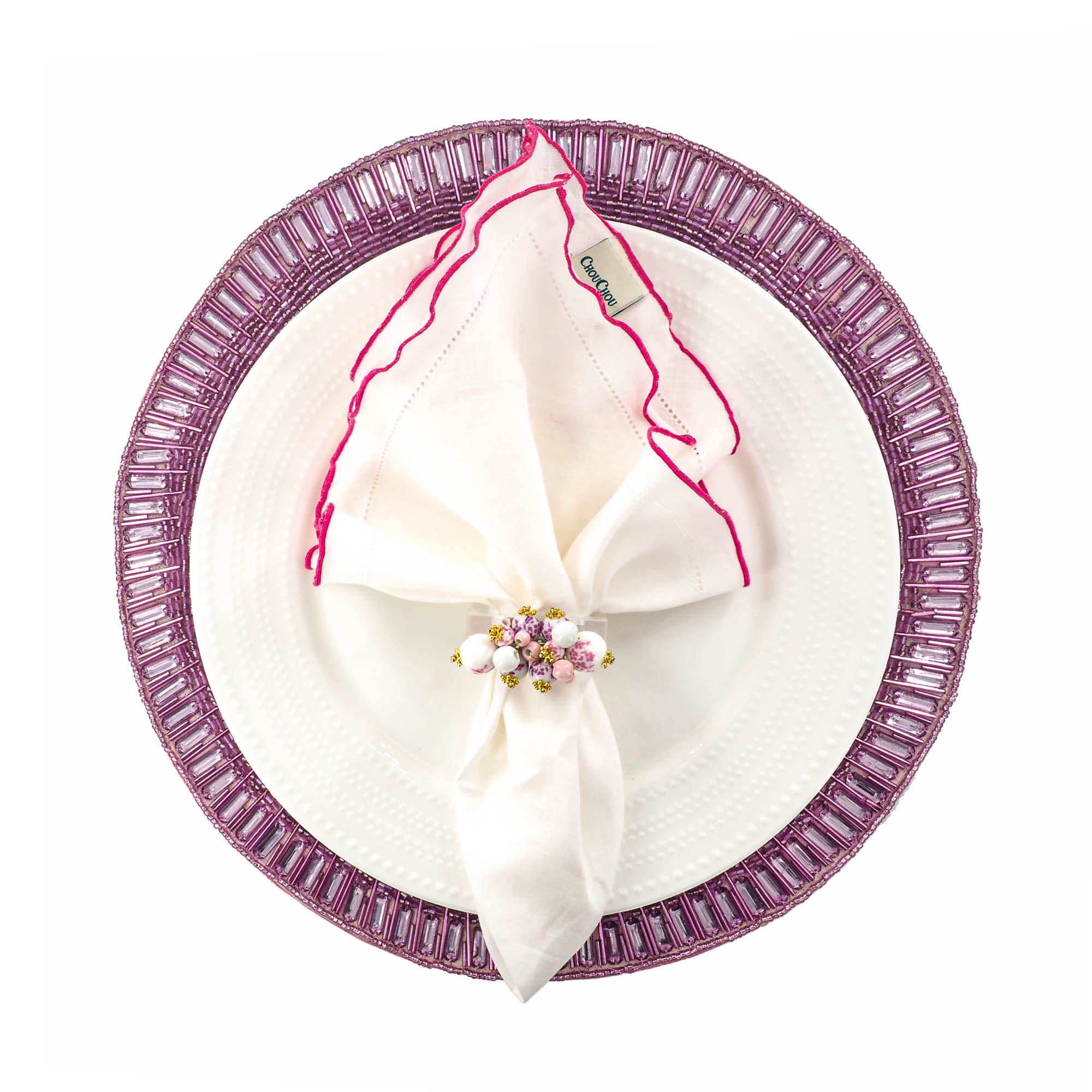 Linen Napkins With Pink Ruffled Hemstitch Edges, Set of 4