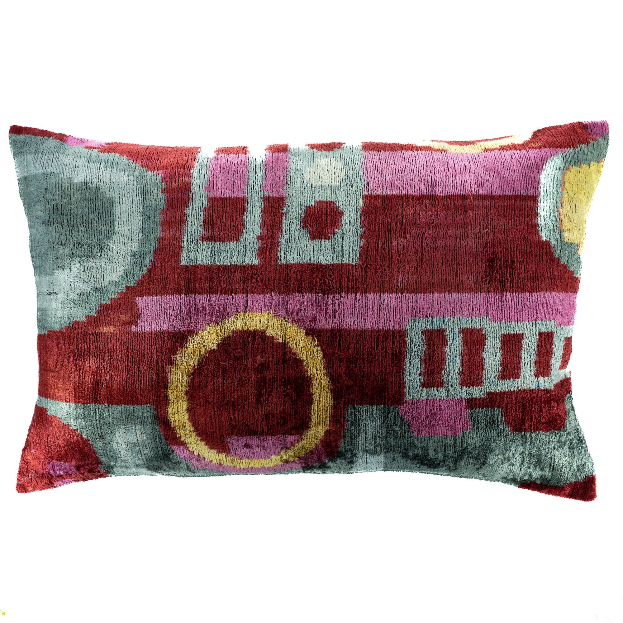 Chouchou Touch Pippa Silk Velvet Ikat Pillow, 16" x 24", featuring bold abstract patterns in red, pink, and teal.