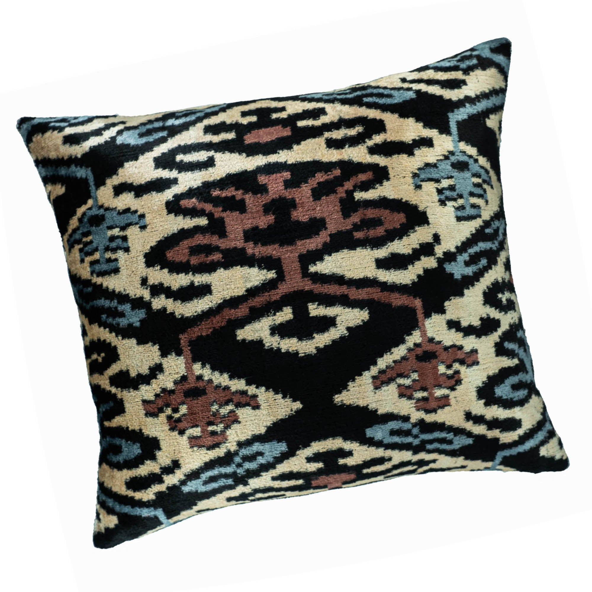 Multicolor silk velvet pillow cover with Regina’s traditional Ikat design, perfect for refined home decor.