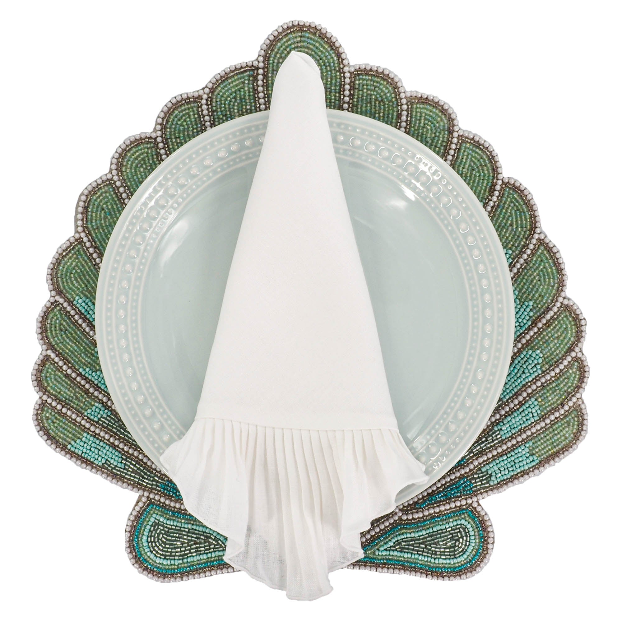 Set of 2 handmade Sea Shell placemats adorned with white, turquoise, green, and red glass beads for a luxurious tabletop accent.