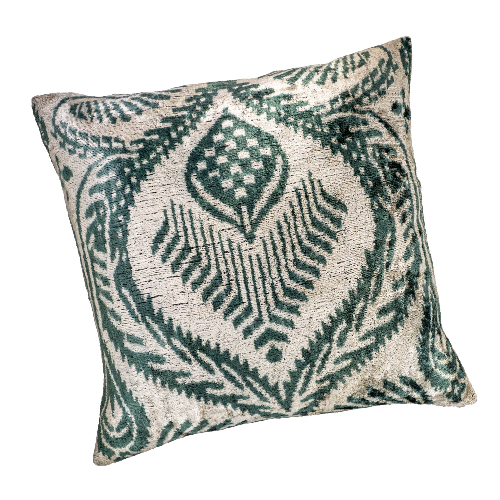 Traditional Ikat pillow cover featuring Silver Palms patterns, crafted for timeless elegance and durability.