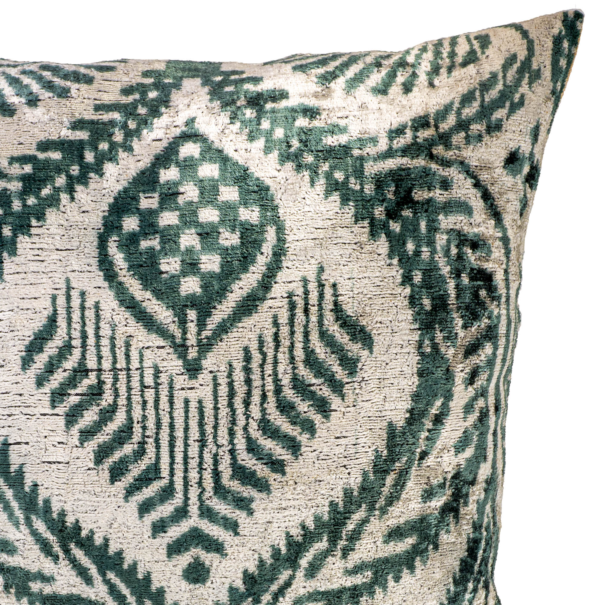 Bold and vibrant Silver Palms Ikat Pillow Cover, 20" x 20", designed with smooth silk velvet textures.