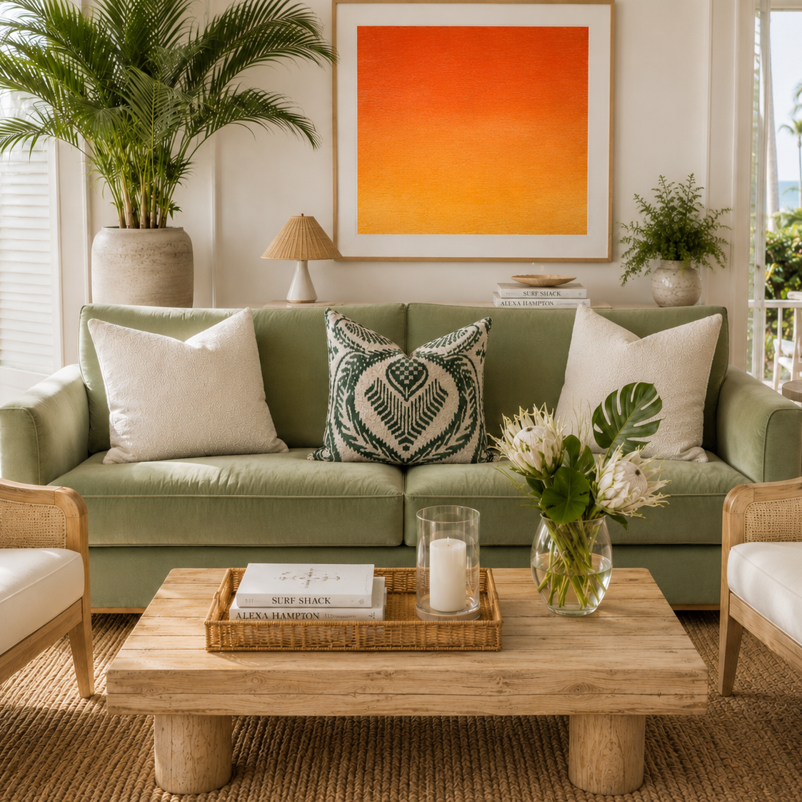 Palms Silk Velvet Ikat Pillow Cover 20 x 20 styled on a soft green sofa in a bright coastal living room with white pillows, warm wood accents, and natural sunlight.