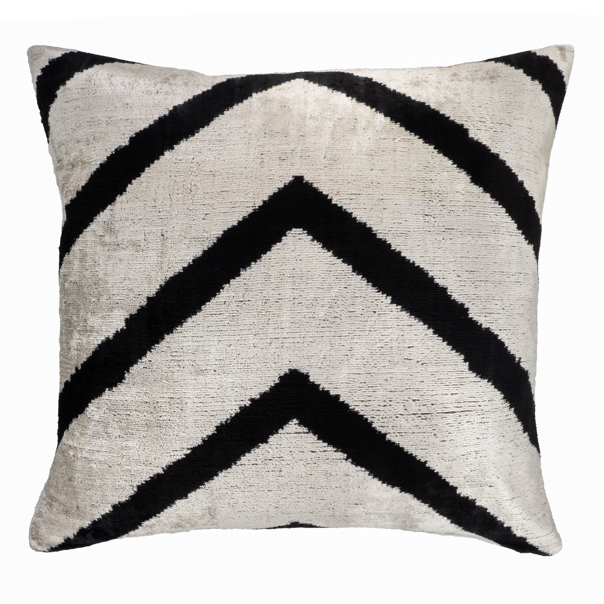Chouchou Touch silk velvet pillow with striking black chevron accents, handmade for sophisticated decor.