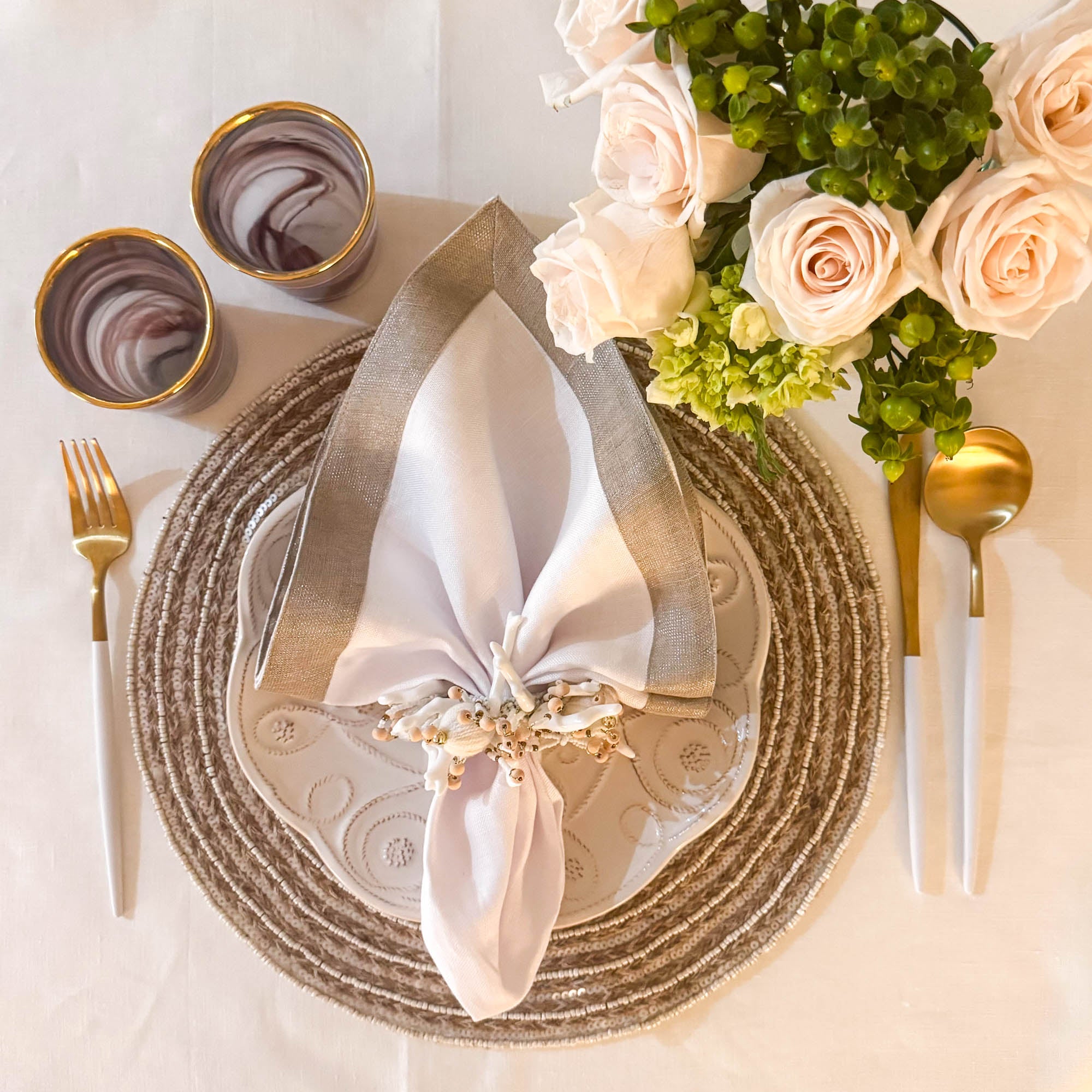 White Linen Napkins With Sparkle Borders, Set of 4