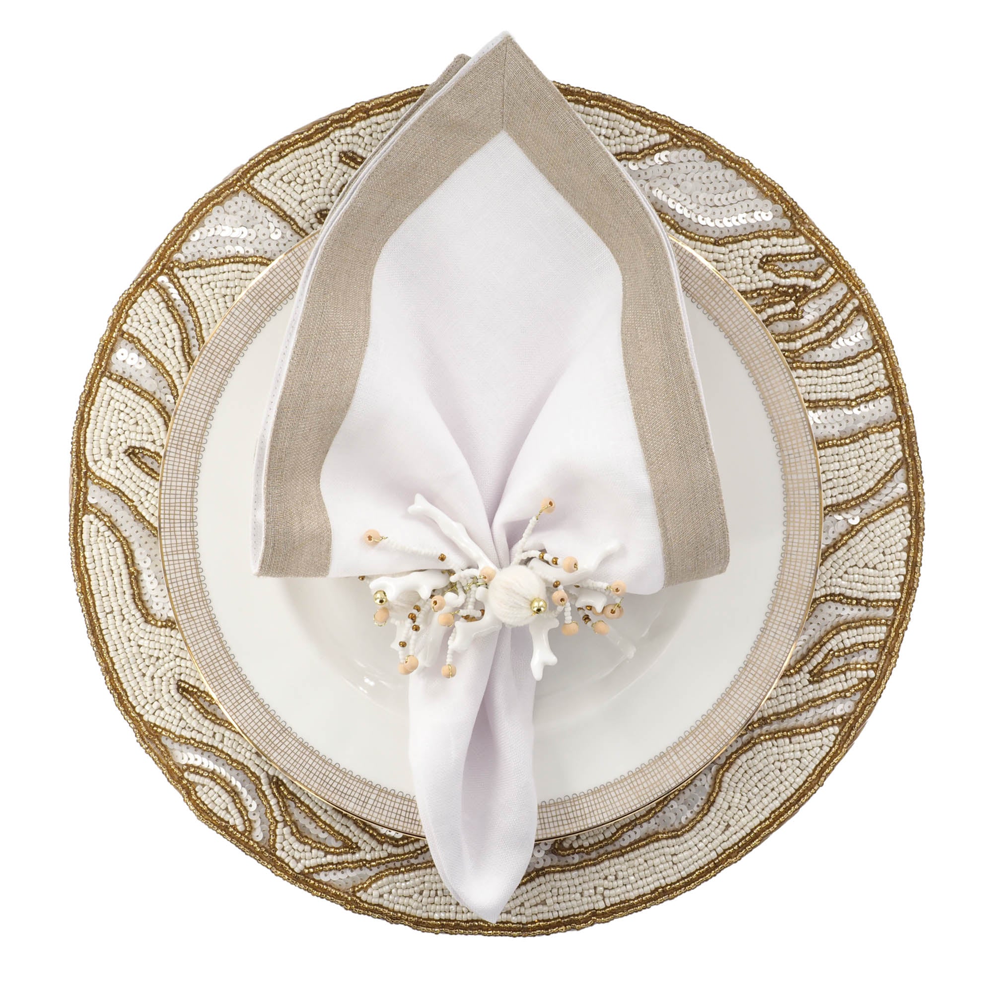 White Linen Napkins With Sparkle Borders, Set of 4