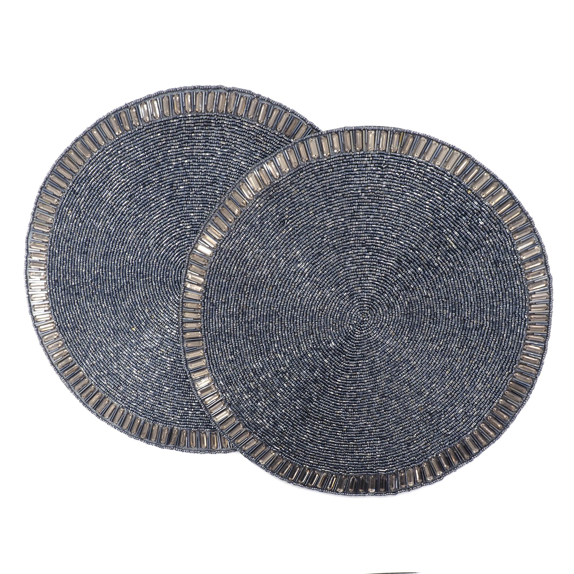Azure glass beaded placemats, set of 2, with coastal blue beads, handwoven with cotton backing for a sophisticated, tactile feel.