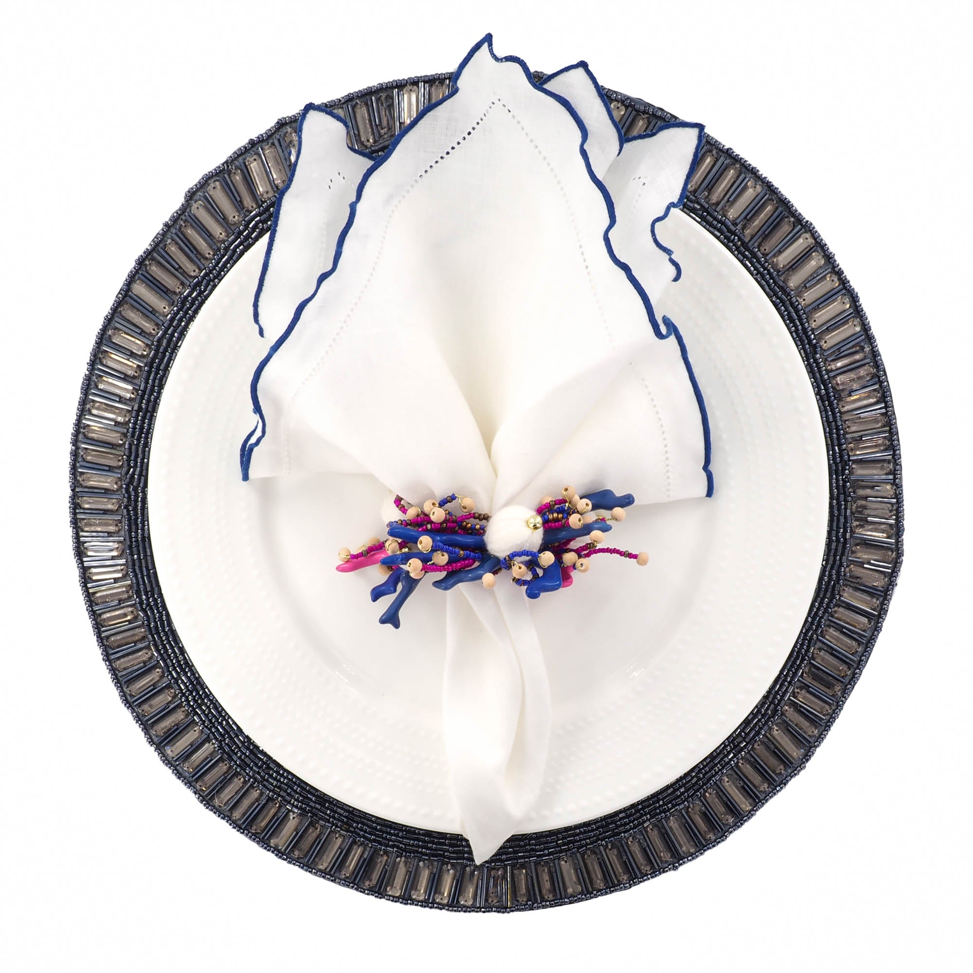 Handmade Azure placemats, set of 2, adorned with shiny blue glass beads and cotton lining, perfect for casual and formal dining.