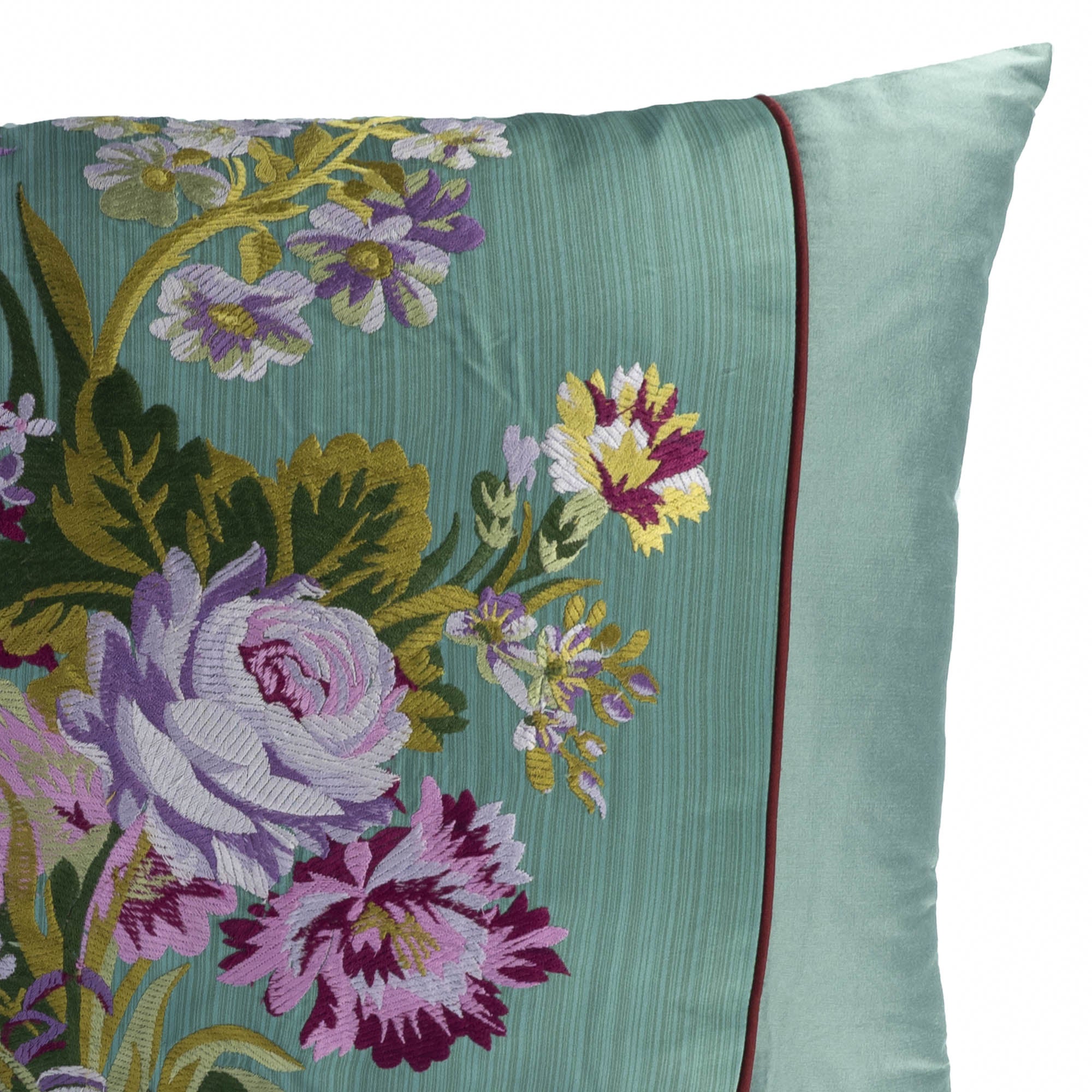 Chouchou Touch Satin and Cotton Bara Throw Pillow Cover, 12" x 20", with intricate hand-stitched floral motifs for an elegant touch."