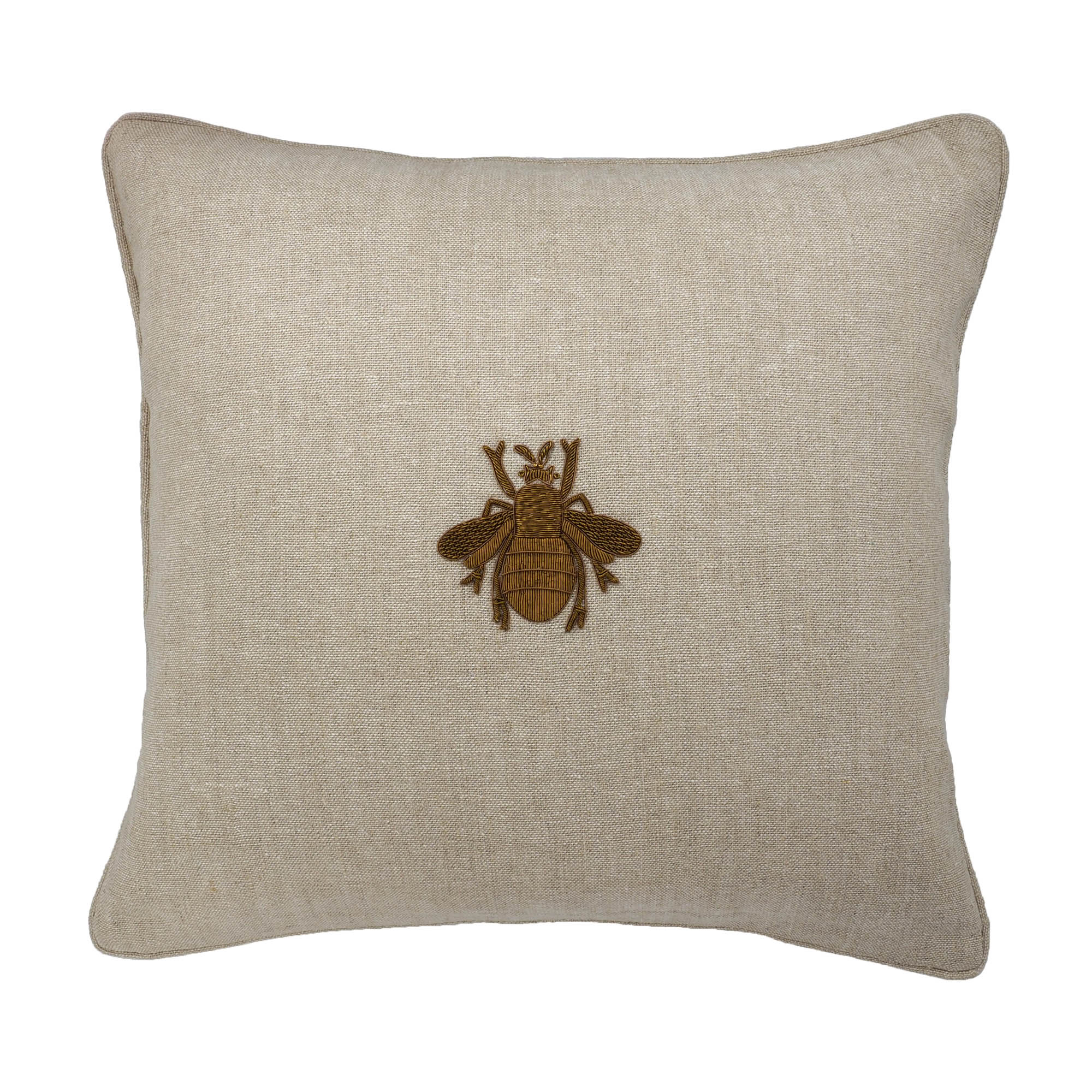 Natural linen throw pillow cover with central golden bee embroidery by Chouchou Touch.