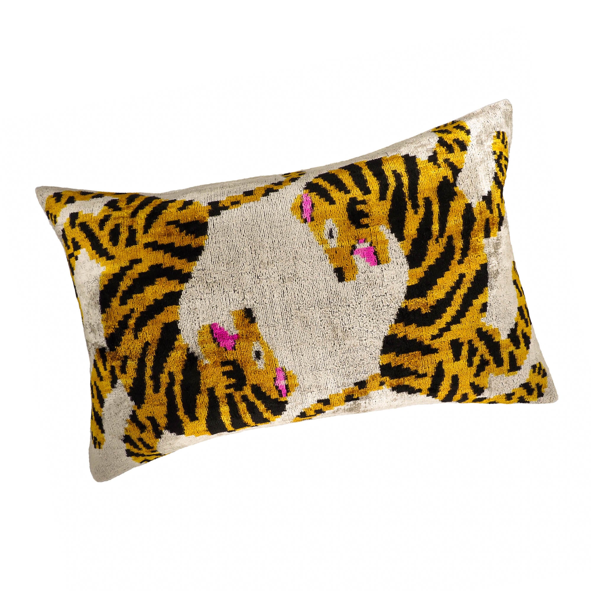 Bengali-style ikat pillow featuring bold tiger motifs on shimmering silk velvet fabric.