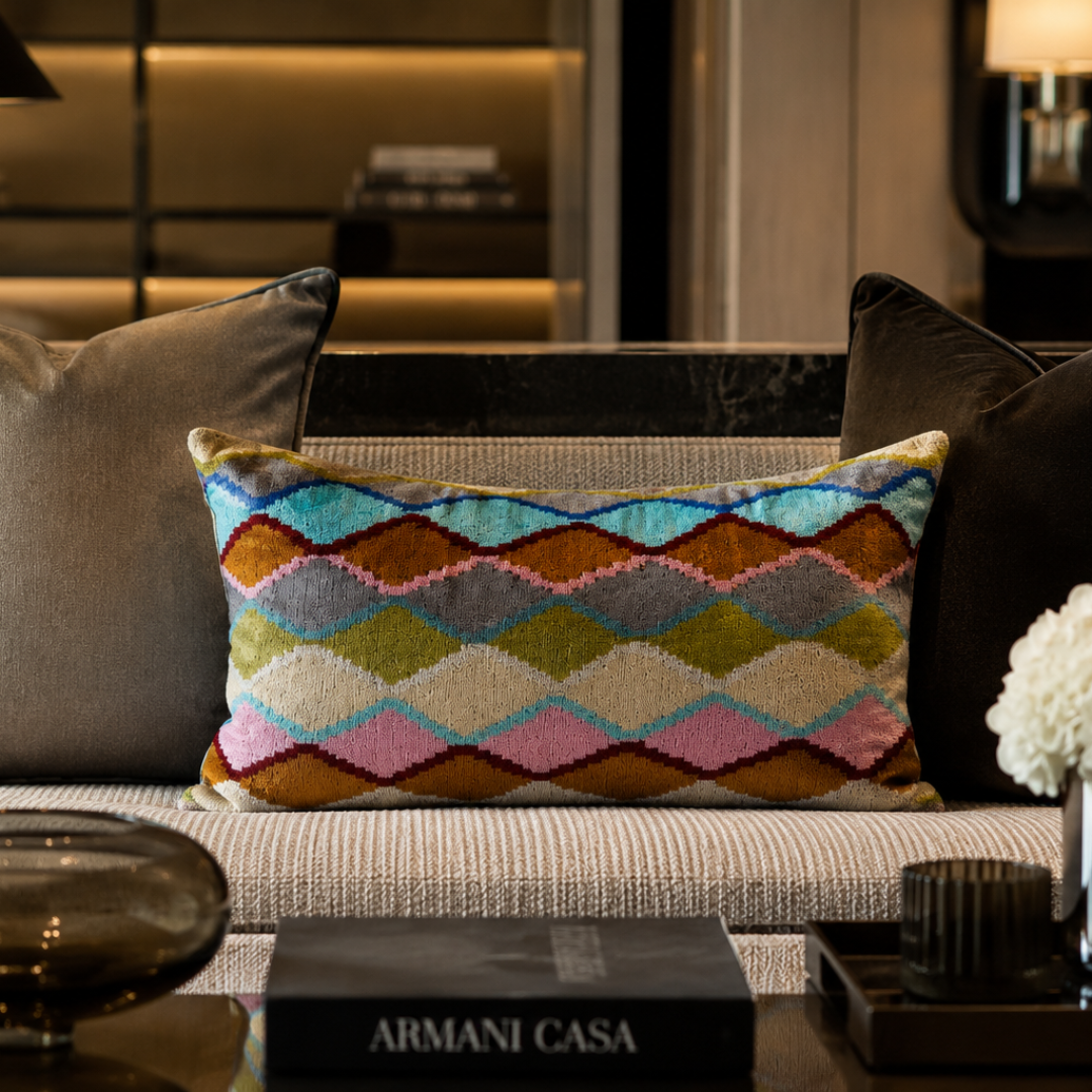 Handwoven silk velvet ikat lumbar pillow cover in black, ivory and bronze geometric pattern, 16 x 24 decorative accent pillow for modern and mid-century interiors.