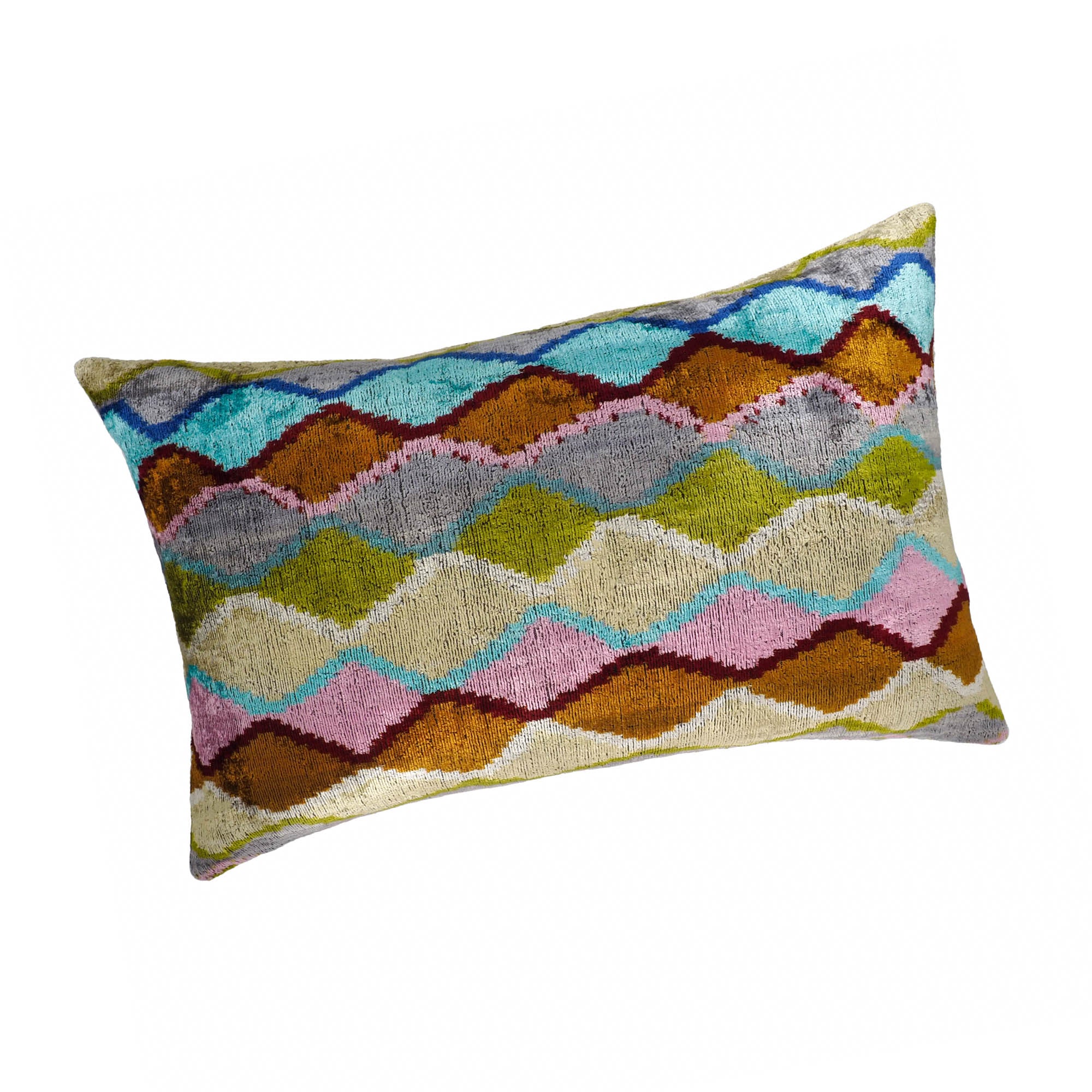 Chouchou Touch Beverly Hills pillow cover with multicolored ikat zigzag design on soft silk velvet.