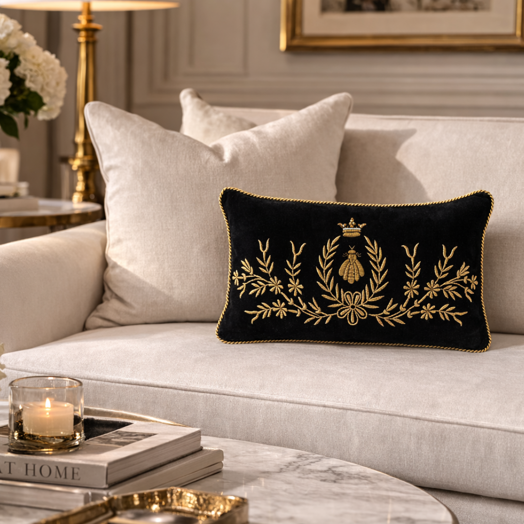 Black Bee Velvet Embroidered Lumbar Pillow with gold bee motif and floral embroidery, styled on a cream sofa with neutral accent pillows in an elegant living room.