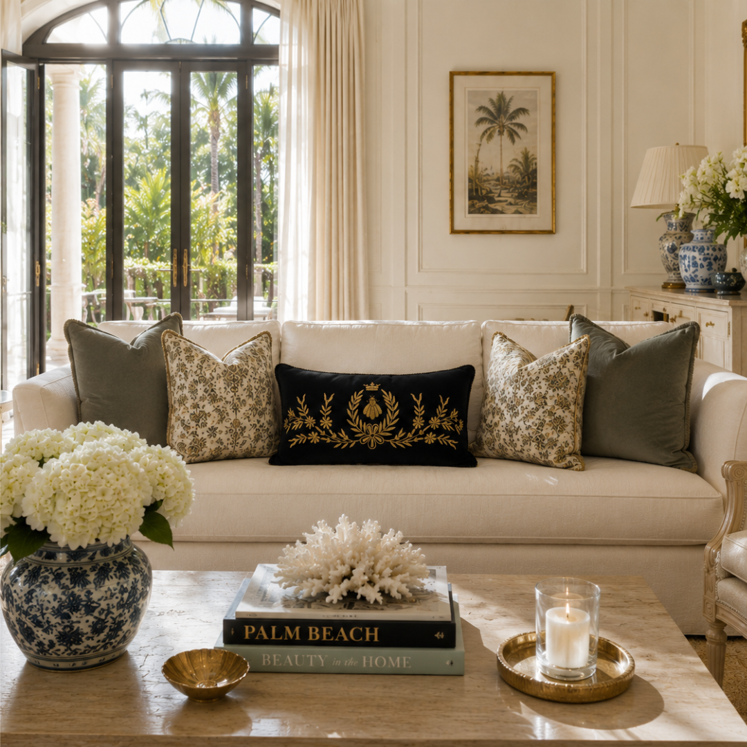 ChouChou Touch Black Bee Velvet Embroidered Lumbar Pillow styled on a neutral sofa, featuring gold bee embroidery and elegant floral detailing in a luxury living room setting.