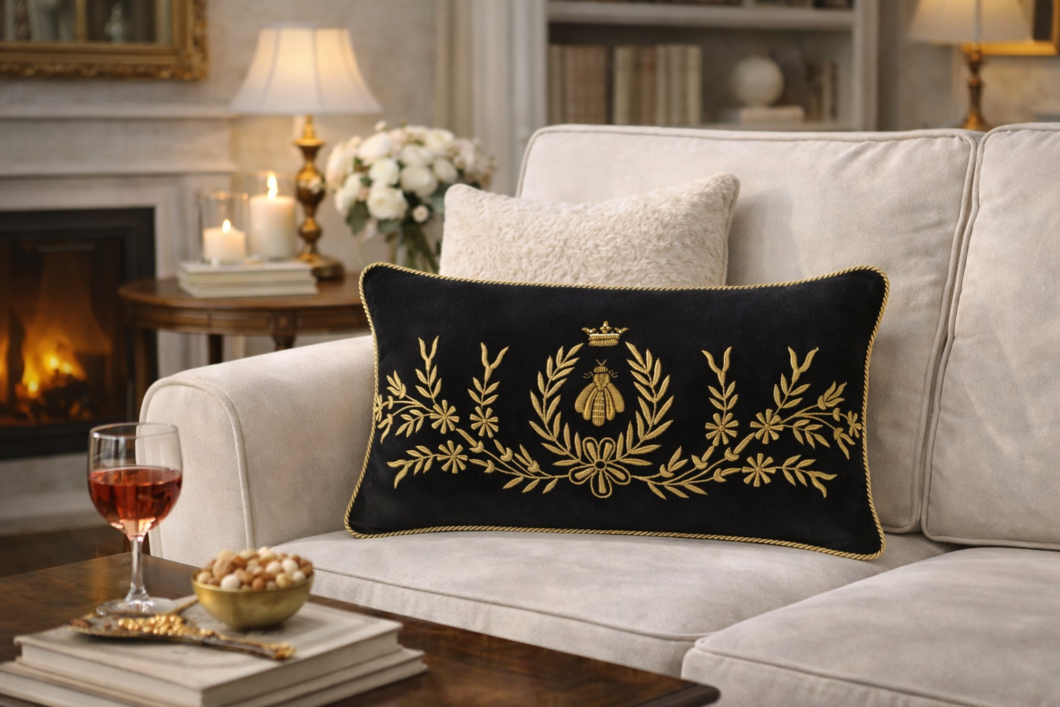 Handmade black velvet luxury throw pillow with gold embroidered bee and laurel wreath design on a cream sofa in an elegant living room
