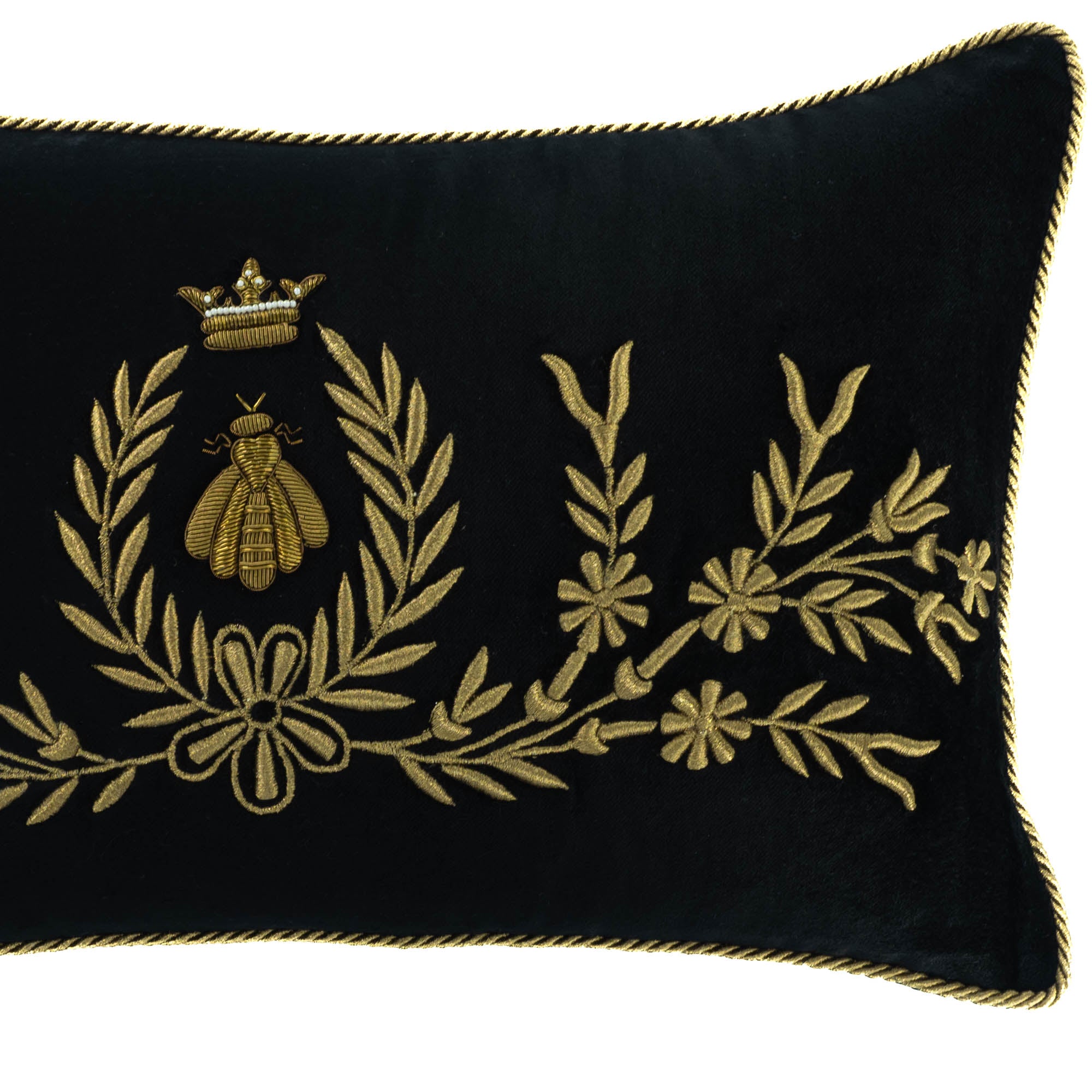 Luxury black throw pillow featuring golden metal thread bee and leaf designs, 12 x 20 inches.
