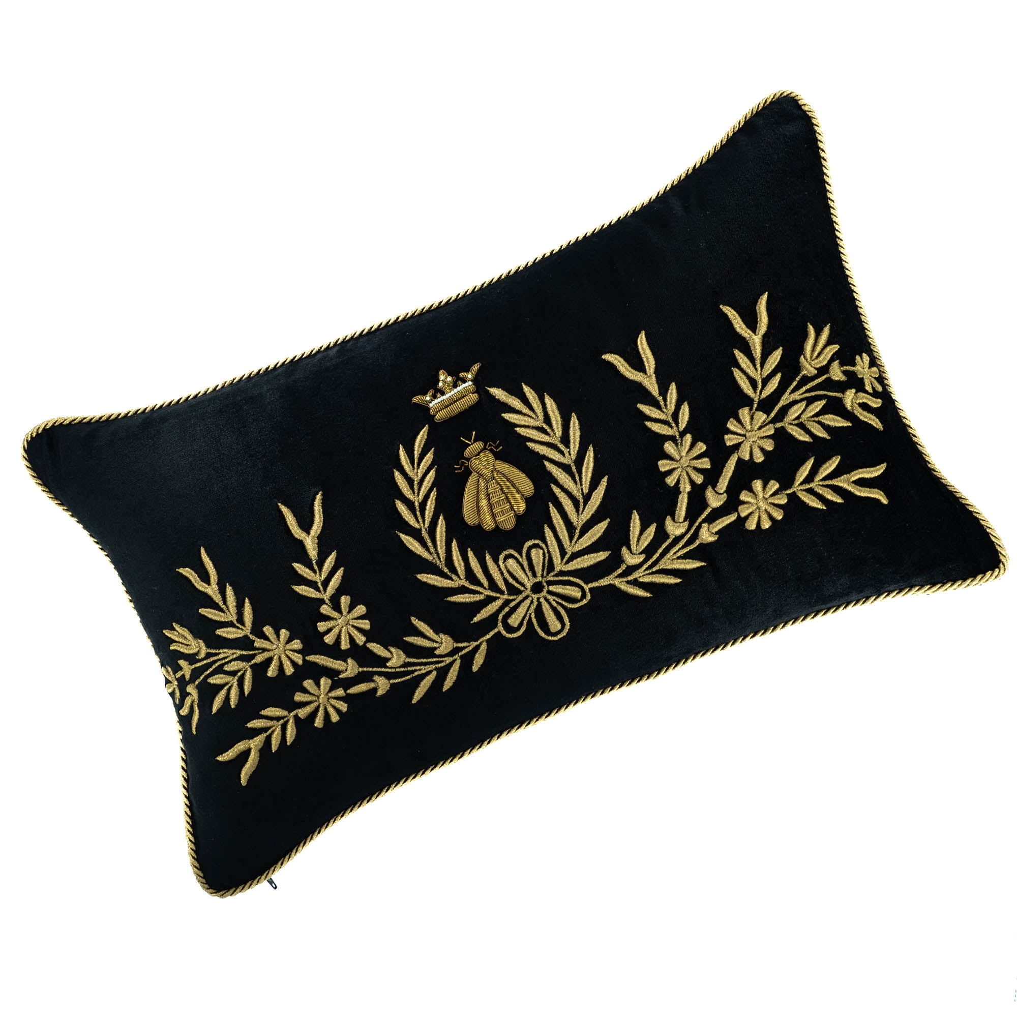 Chouchou Touch velvet cushion cover with crown-topped bee embroidery in gold on black background.