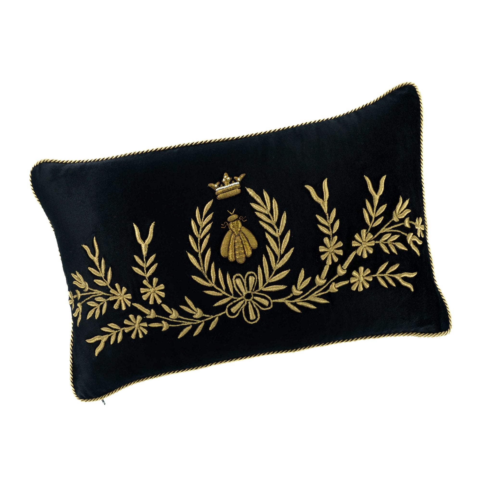 Black silk velvet bee pillow cover with gold embroidery decorative accent pillow