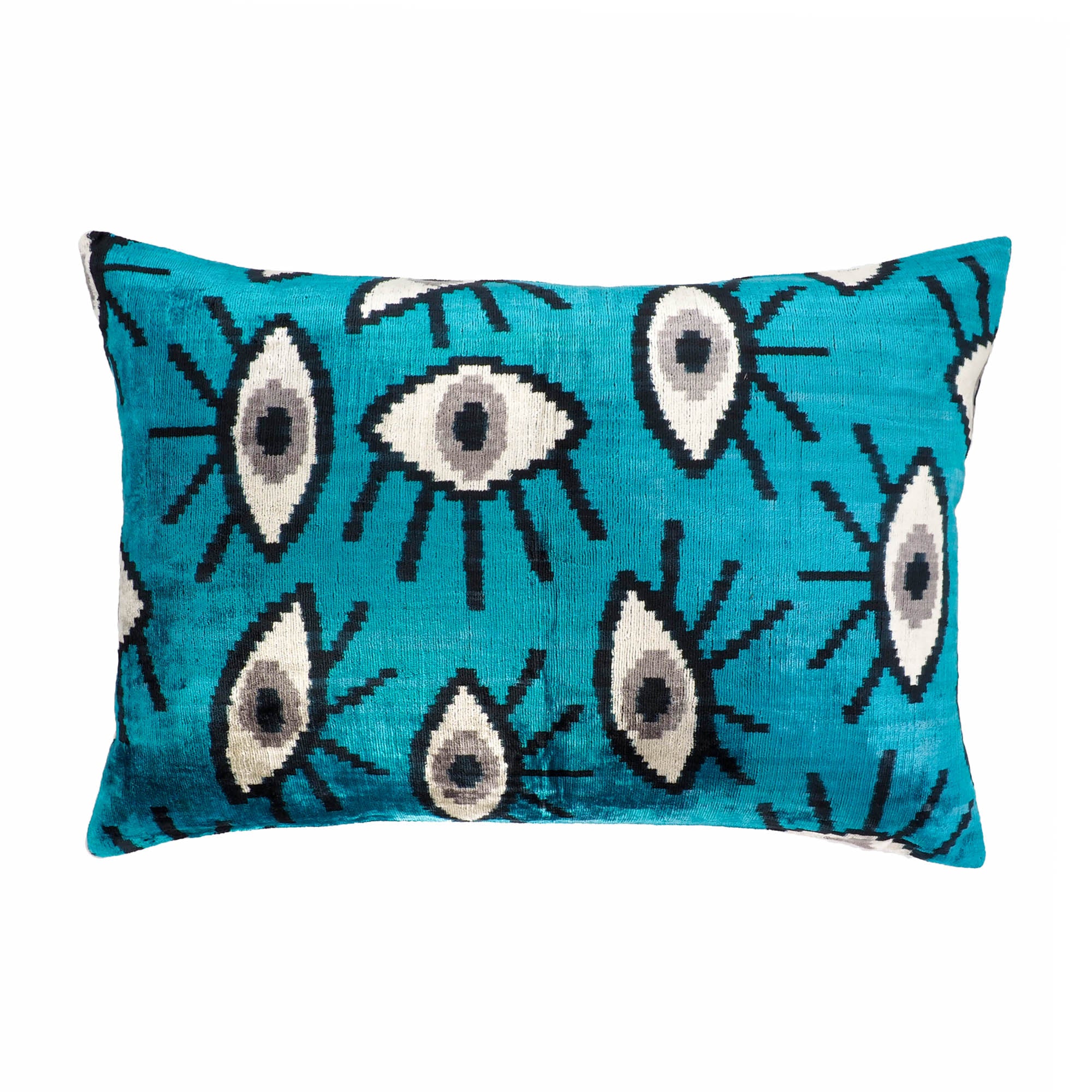 Blue Eyes Silk Velvet Ikat Throw Pillow Cover, 16 x 24, featuring vibrant blue patterns on 100% silk velvet, combining age-old weaving techniques with contemporary flair.