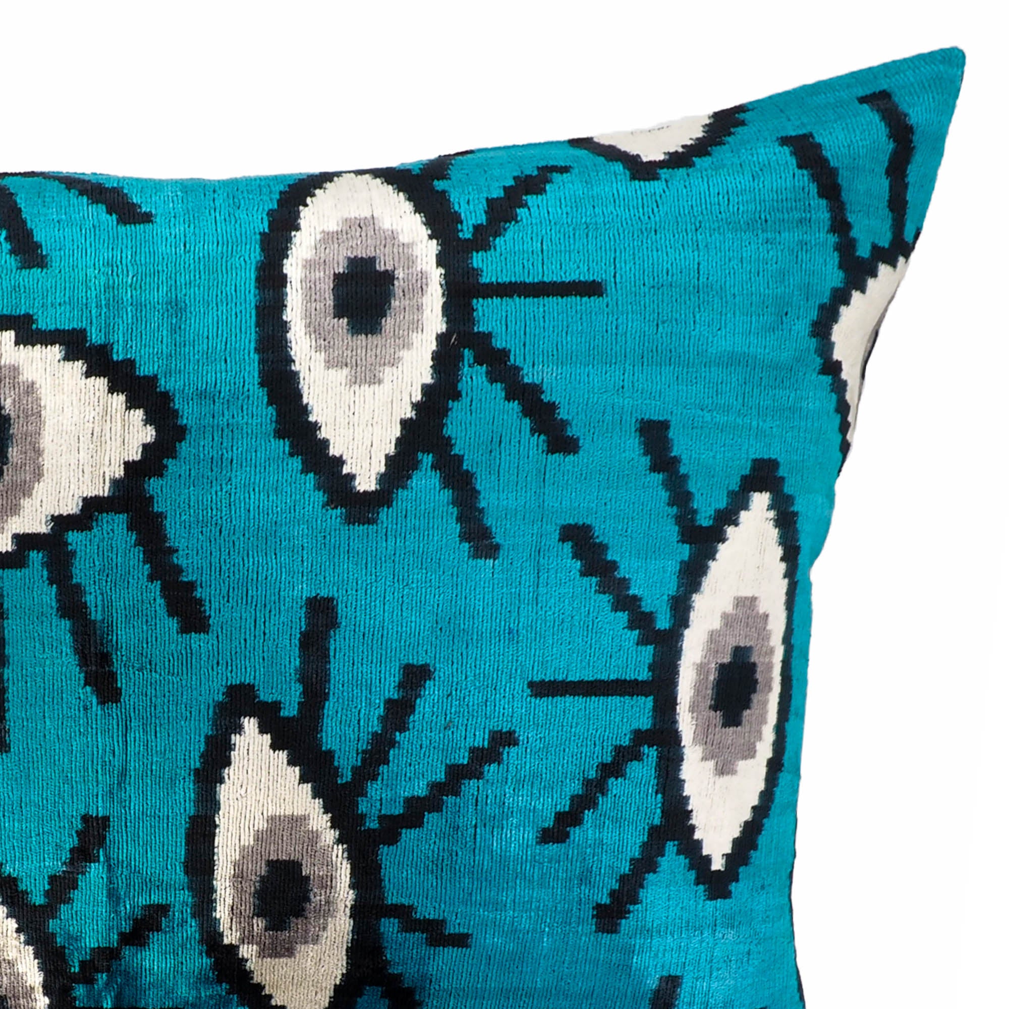 Blue Eyes Silk Velvet Ikat Throw Pillow Cover, 16 x 24, adorned with intricate blue tie-dye Ikat patterns on silk velvet, adding a plush and vibrant touch to your decor.