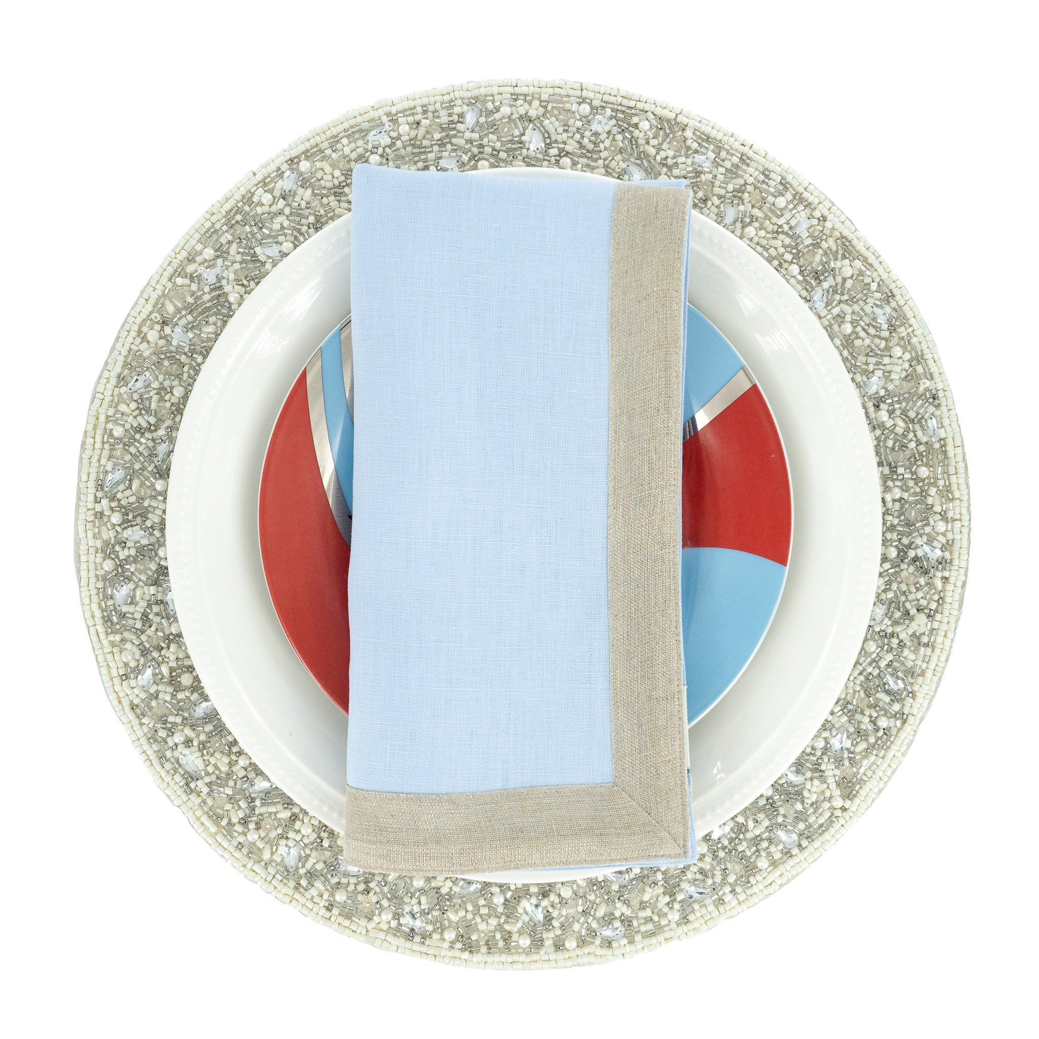 Set of 4 blue linen napkins, 21x21 inches, with shiny sparkle borders for an eye-catching, refined dining experience.