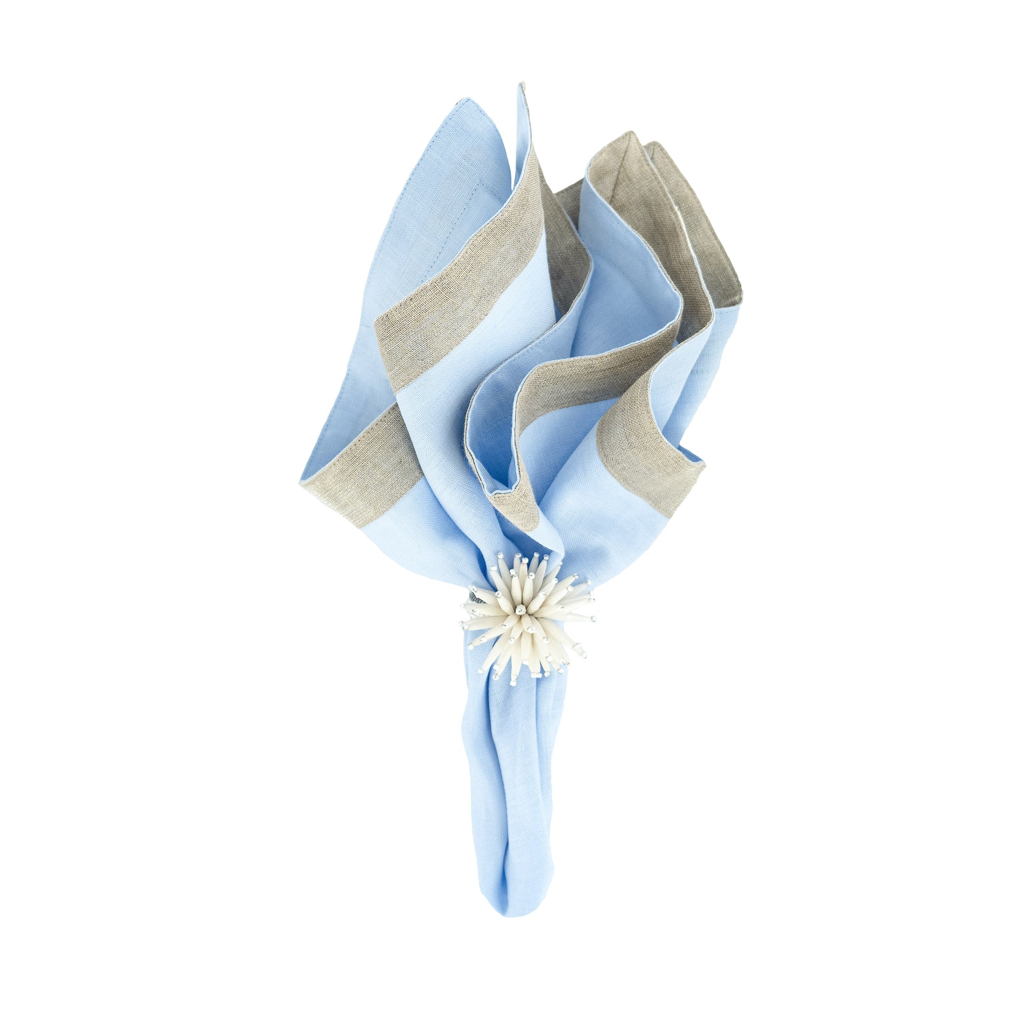 Blue linen napkins with double-sided sparkle borders, perfect for adding a glamorous touch to your table settings.