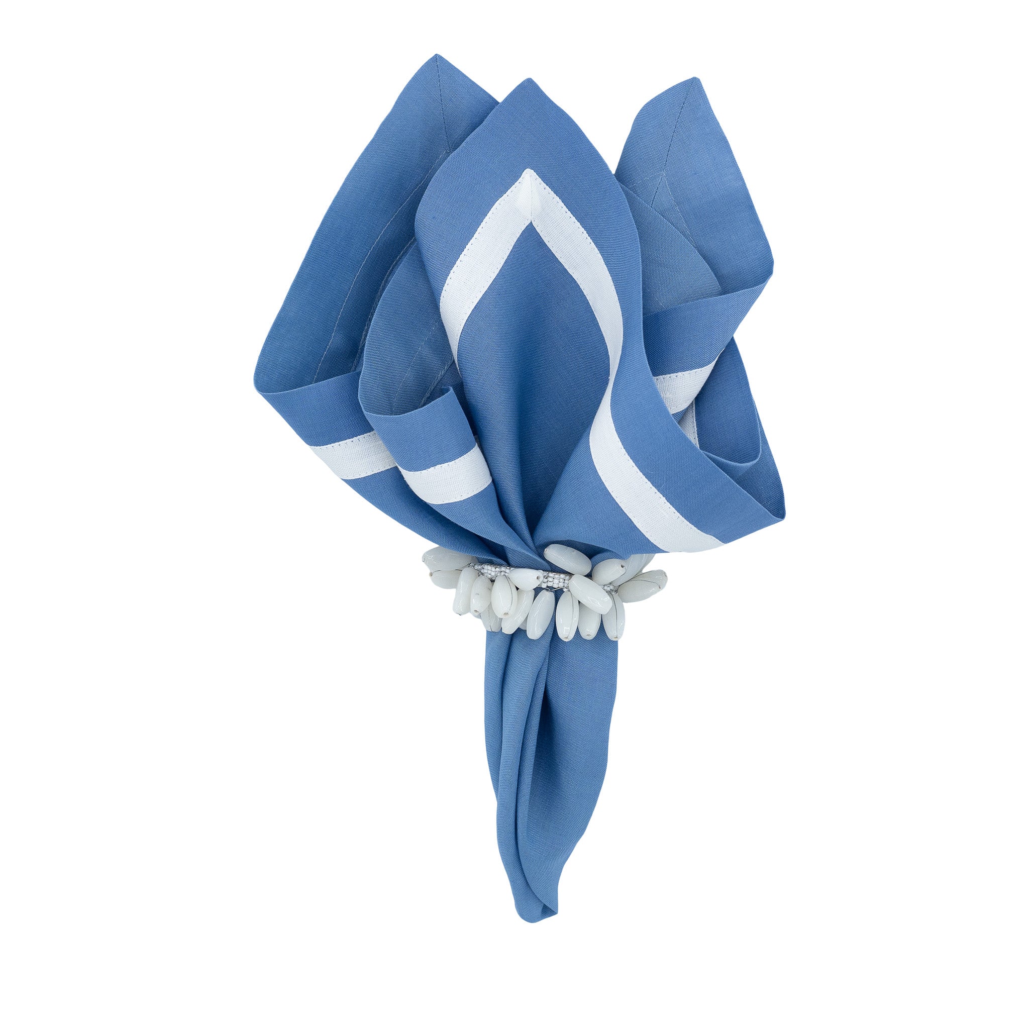 Blue linen napkins with white borders, crafted to bring a fresh and vibrant feel to your table settings.