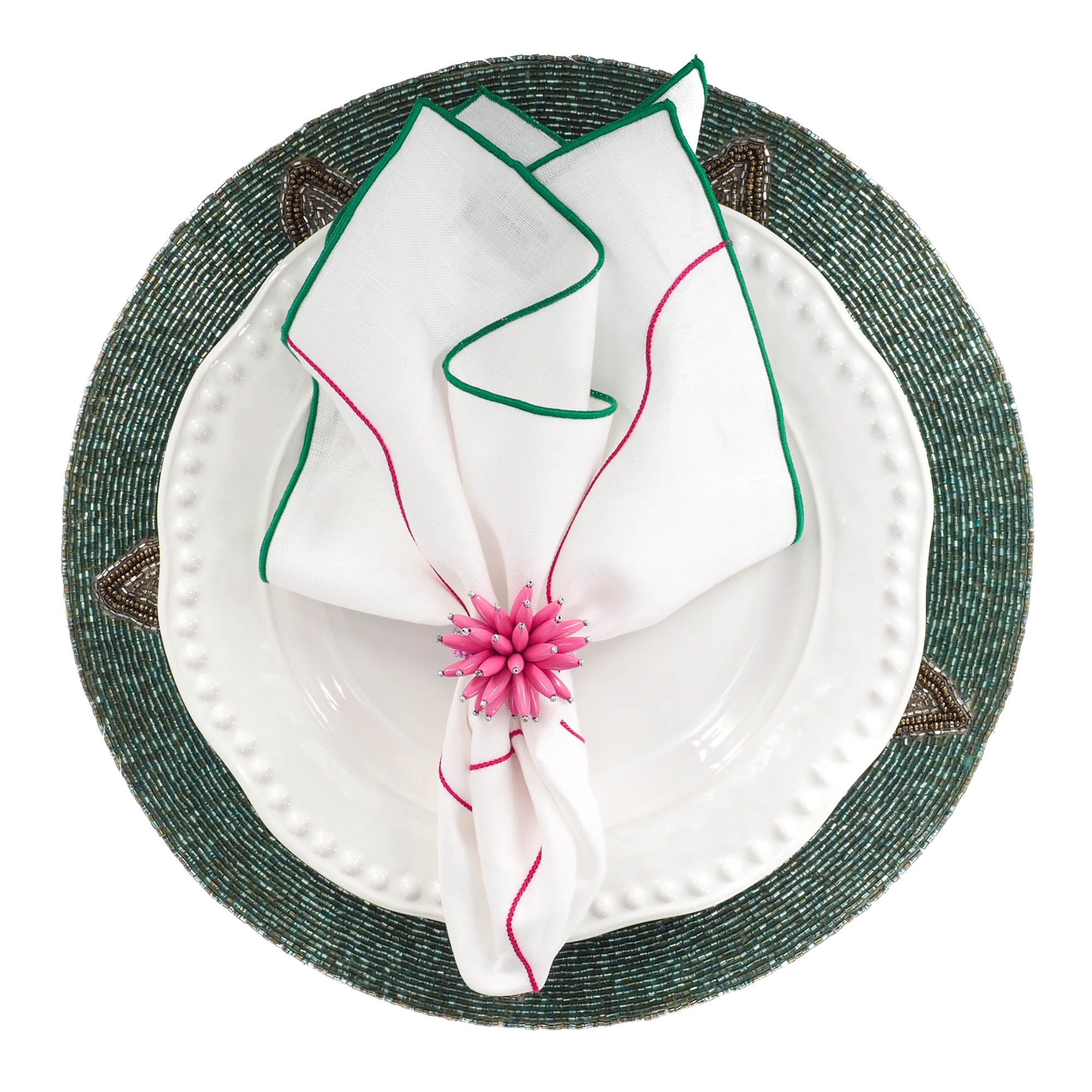 Luxurious Boston Linen Napkins, offering a refined tactile experience with green satin stitch edges on 100% linen.