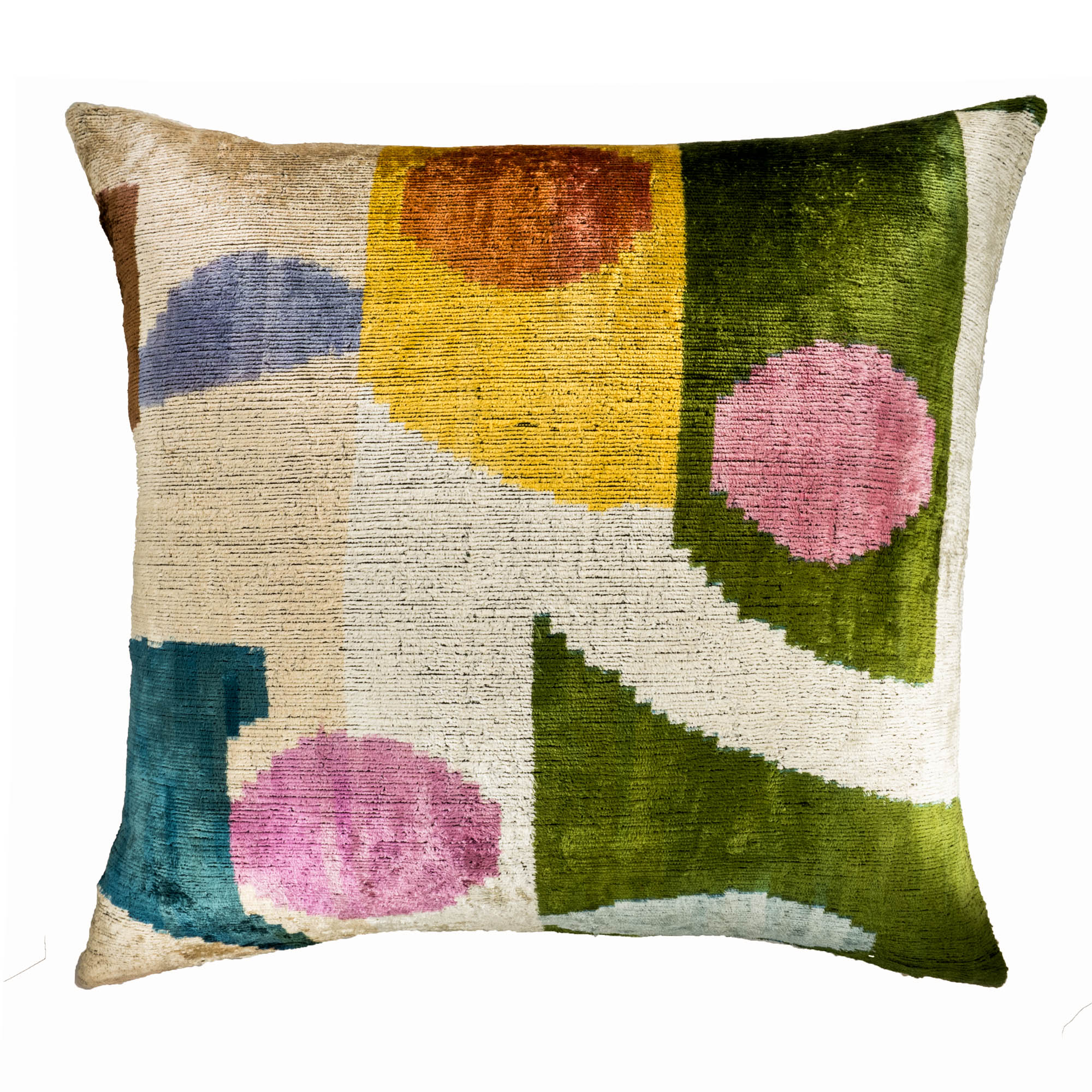Carnival Ikat throw pillow by Chouchou Touch, showcasing bold multicolor shapes and intricate craftsmanship for a lively home accent.