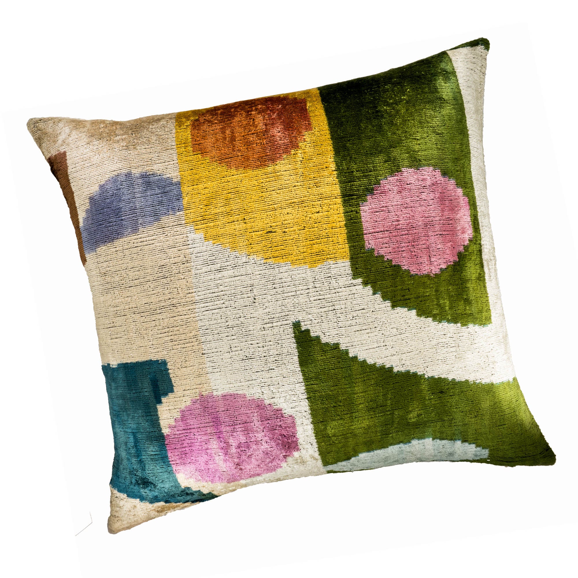 Decorative silk velvet Ikat pillow in 24" x 24" size, blending traditional tie-dye techniques with modern abstract patterns.