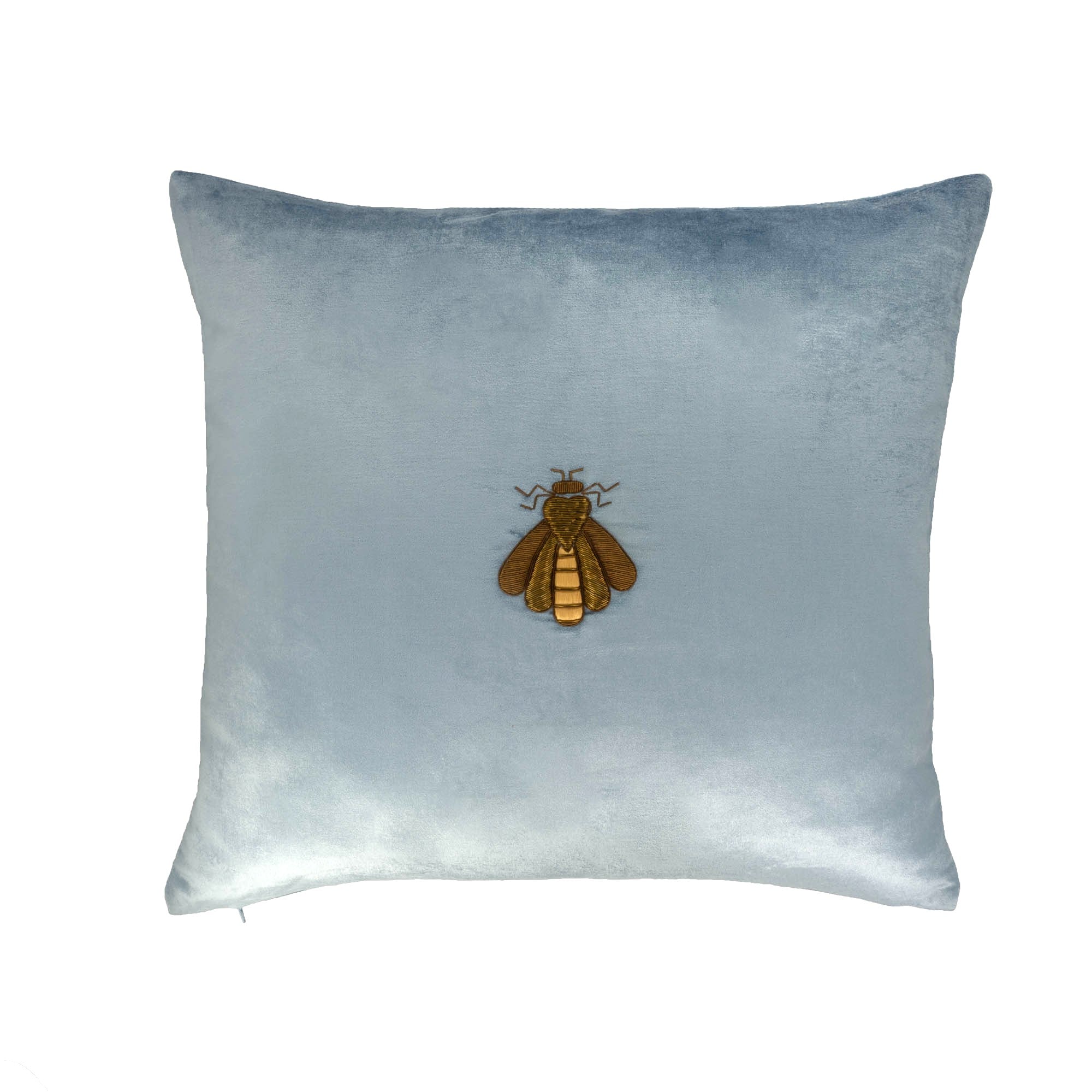 Cerulean Bee Silk Velvet Throw Pillow Cover with golden embroidered bee and floral frame, 20x20 inches