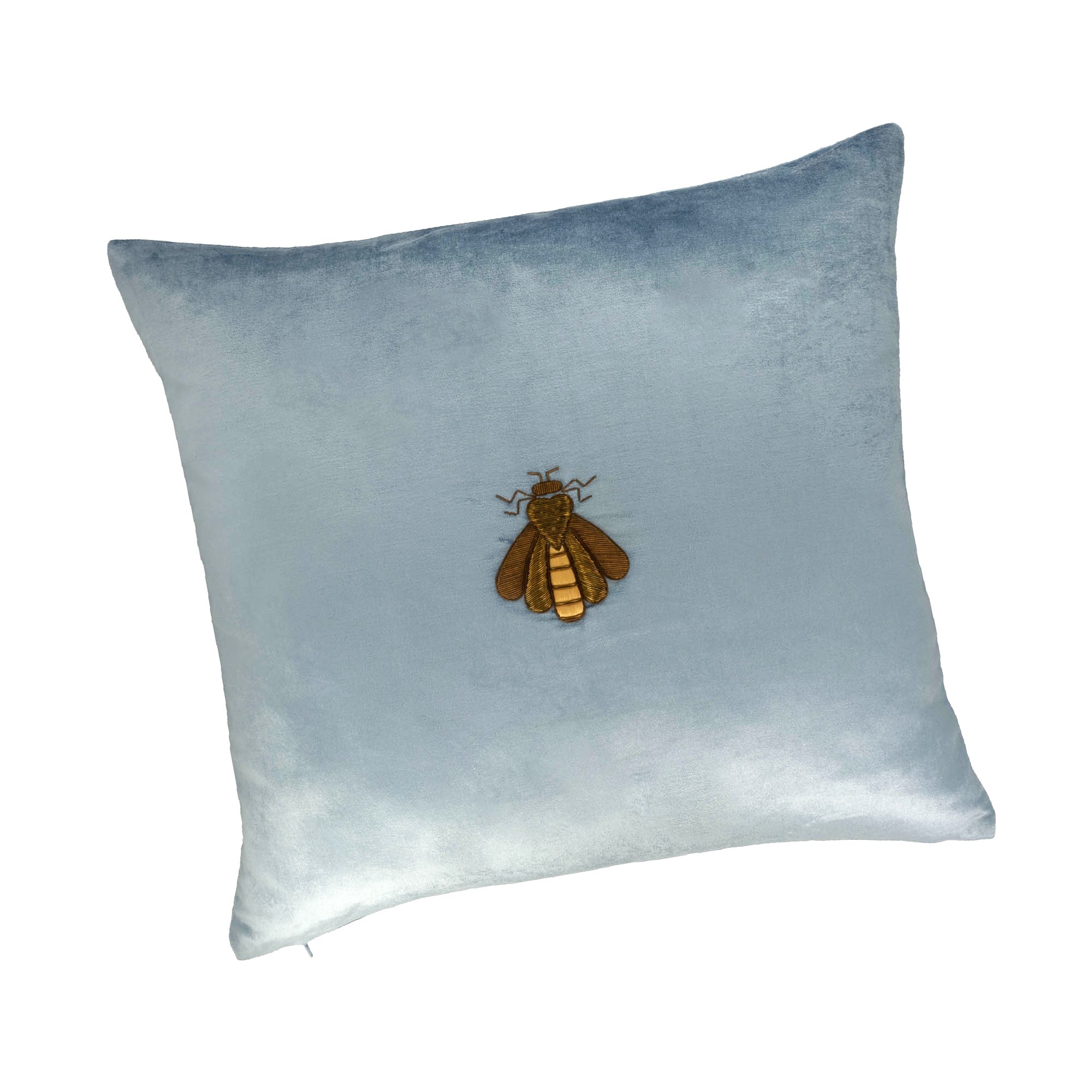 Luxury baby blue velvet pillow cover featuring metallic gold bee and intricate floral embroidery