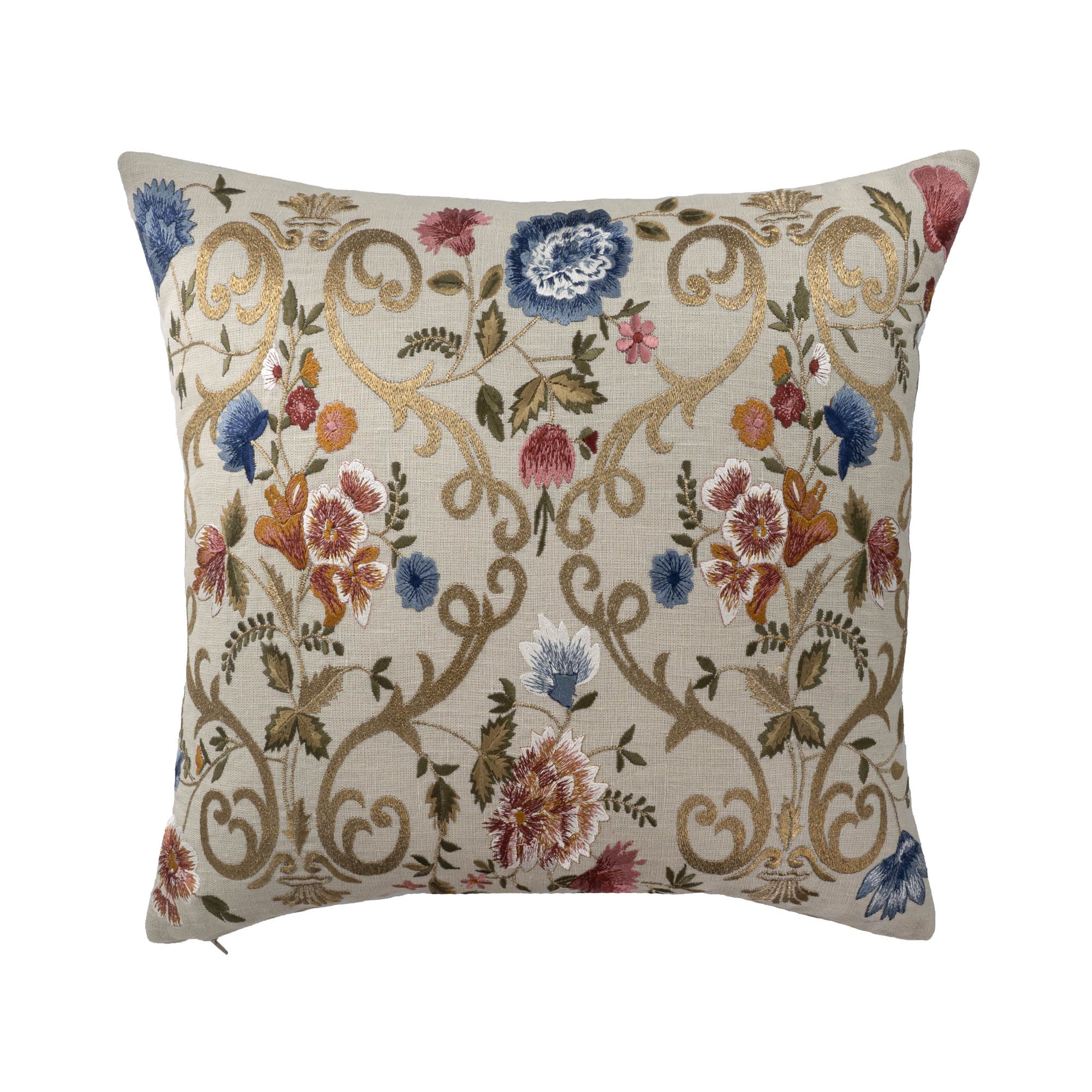 Hand-embroidered floral pillow cover with silk and gold metallic threads on natural linen.