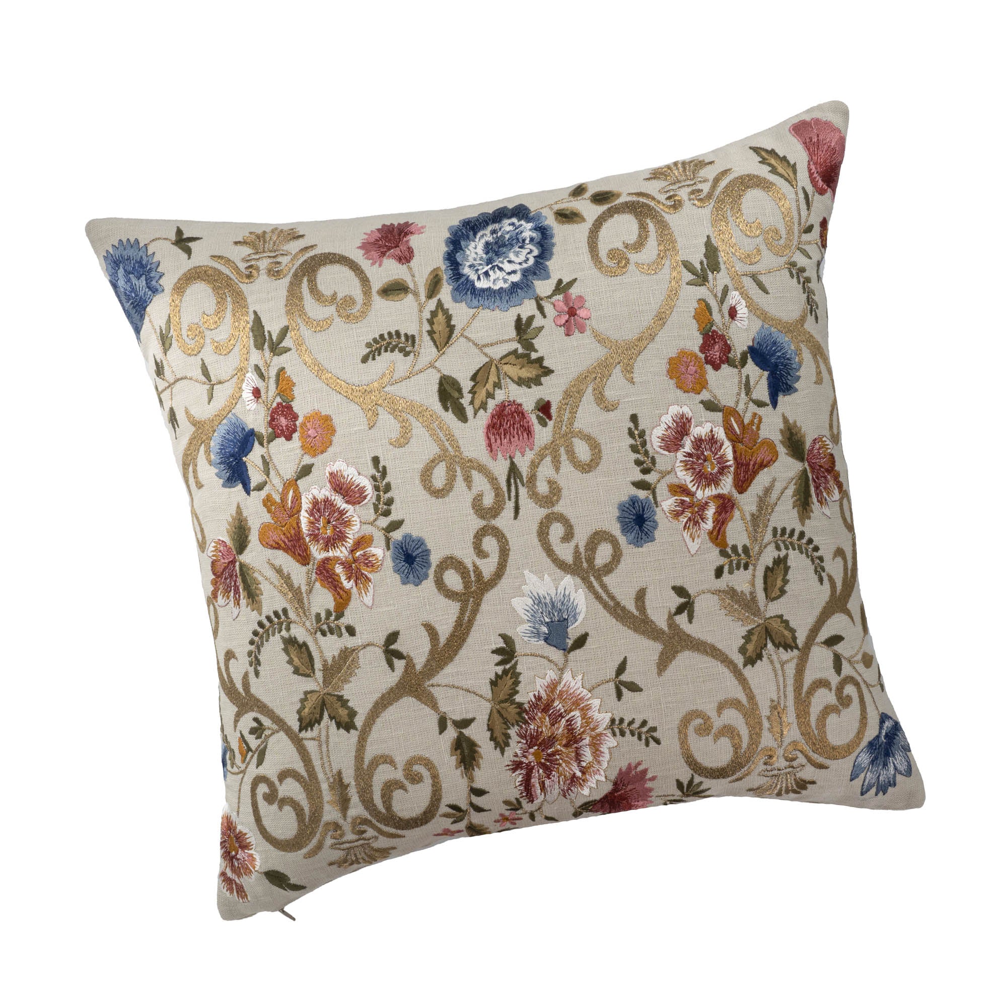 Elegant linen throw pillow cover with multicolored flowers and ornate gold embroidery.