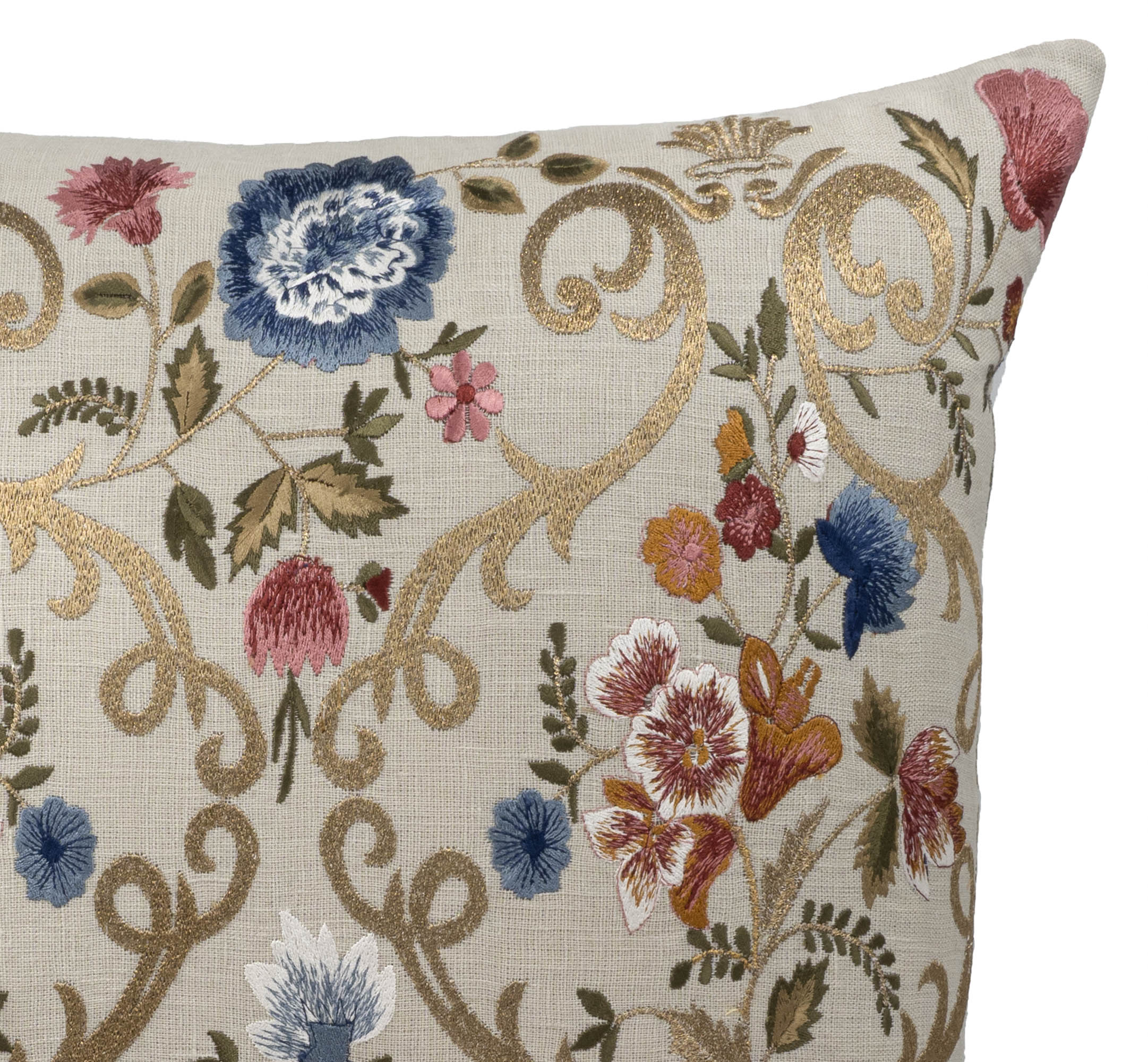 Close-up of Chantilly embroidered linen throw pillow cover showing detailed floral motifs and shimmering metallic threads in red, blue, green, and gold by ChouChou Thouch