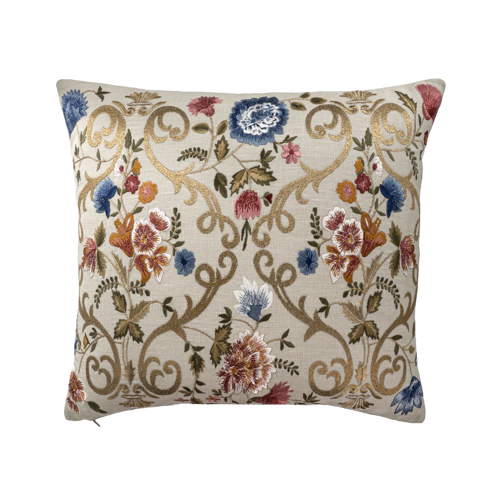 Hand-embroidered linen throw pillow cover featuring intricate Chantilly floral design with blue, red, and gold silk threads on a natural linen base by ChouChou Touch
