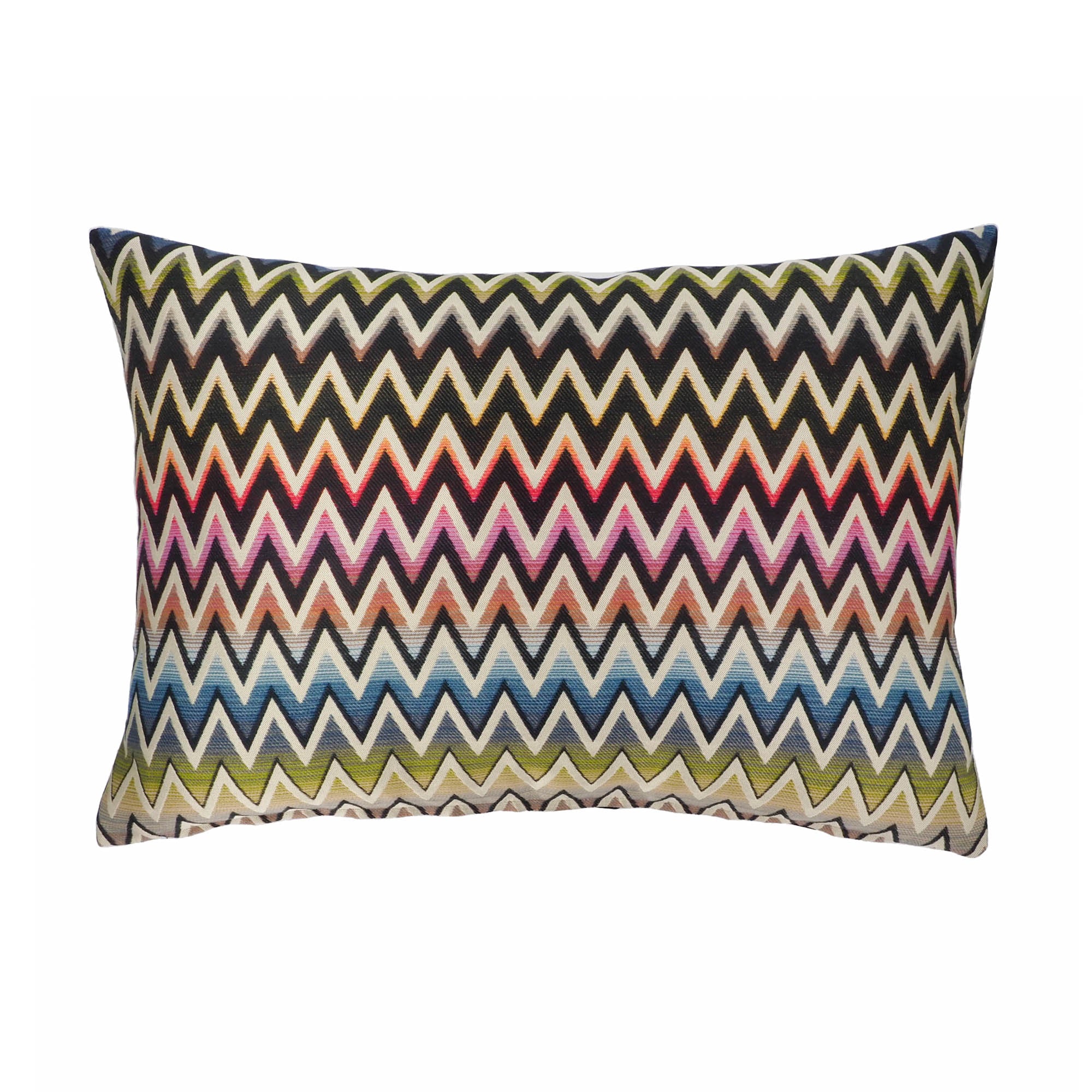Chouchou Touch Chevron 2 Throw Pillow, 13" x 20", featuring a colorful chevron design in blue, green, yellow, purple, and white.