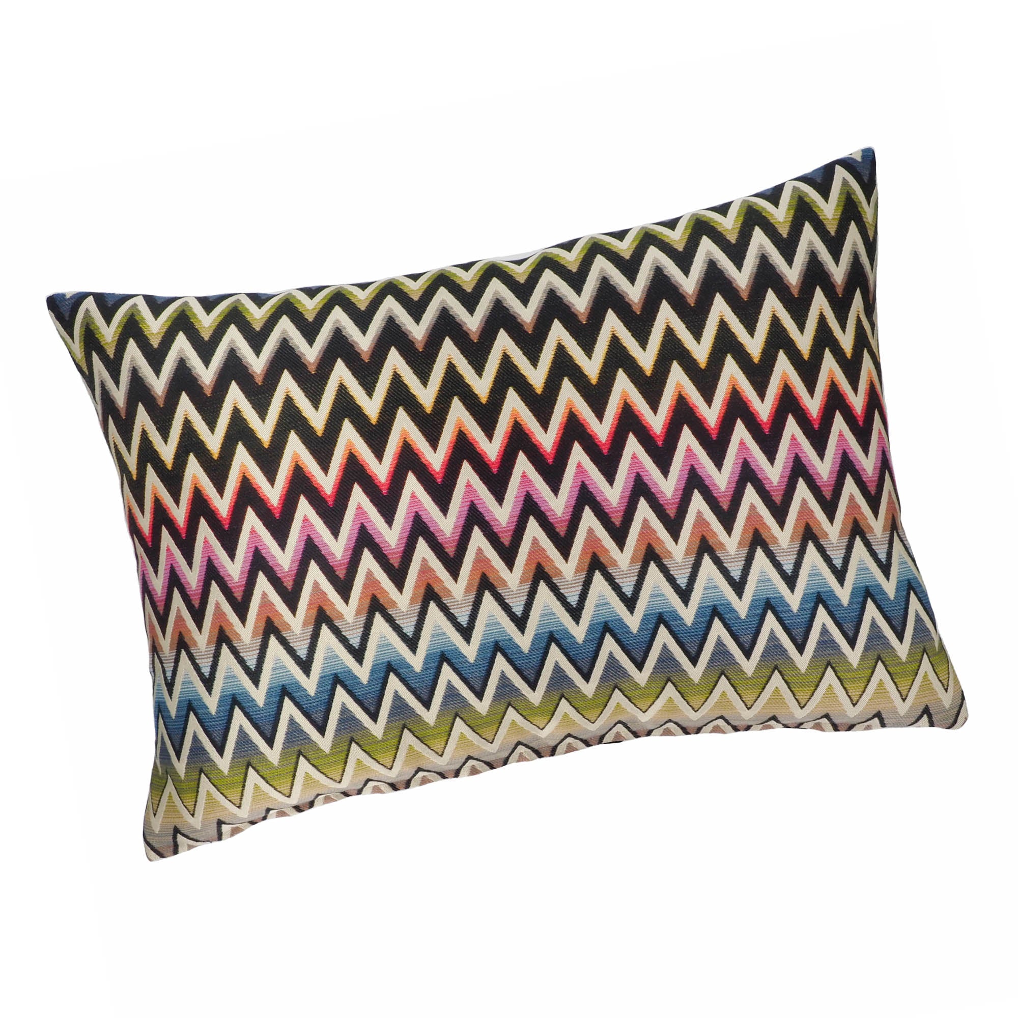 Handcrafted Chevron Throw Pillow with vibrant hues and a modern design, perfect for indoor or outdoor use.