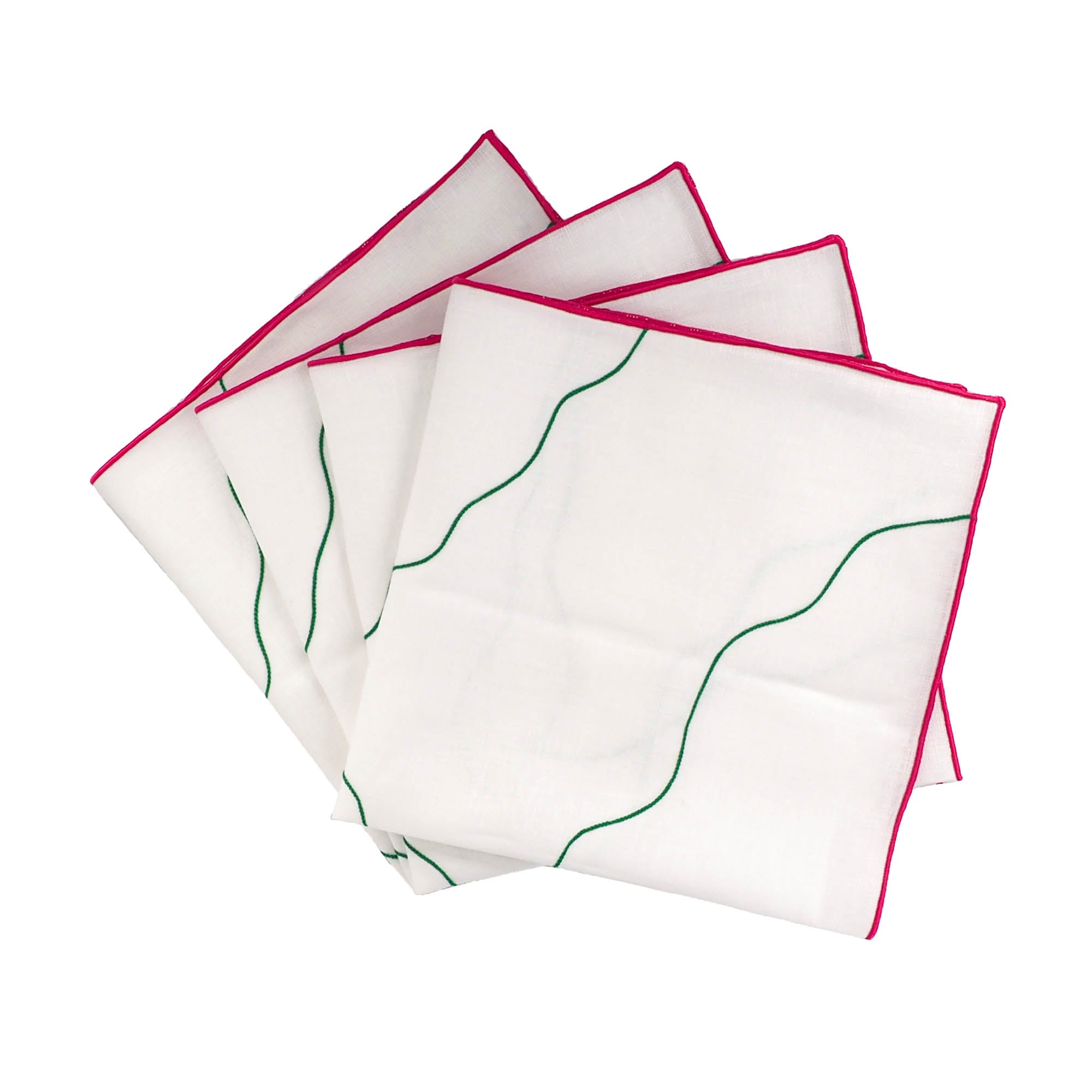 Set of 4 handcrafted Chicago Linen Napkins with red satin stitch edges, adding timeless elegance to your table.