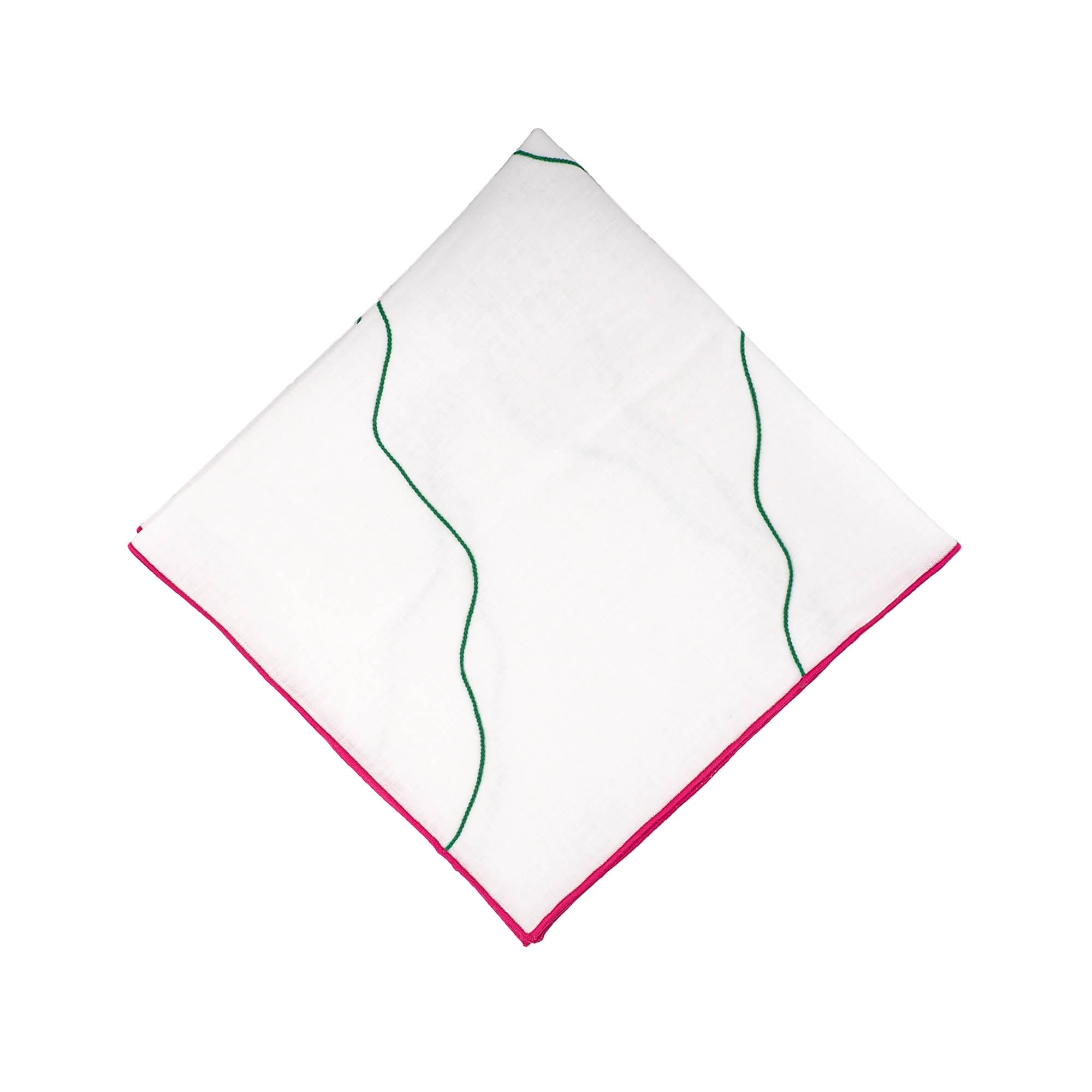 Close-up of Chicago Linen Napkins featuring crisp white linen with red satin stitch accents for a refined touch.